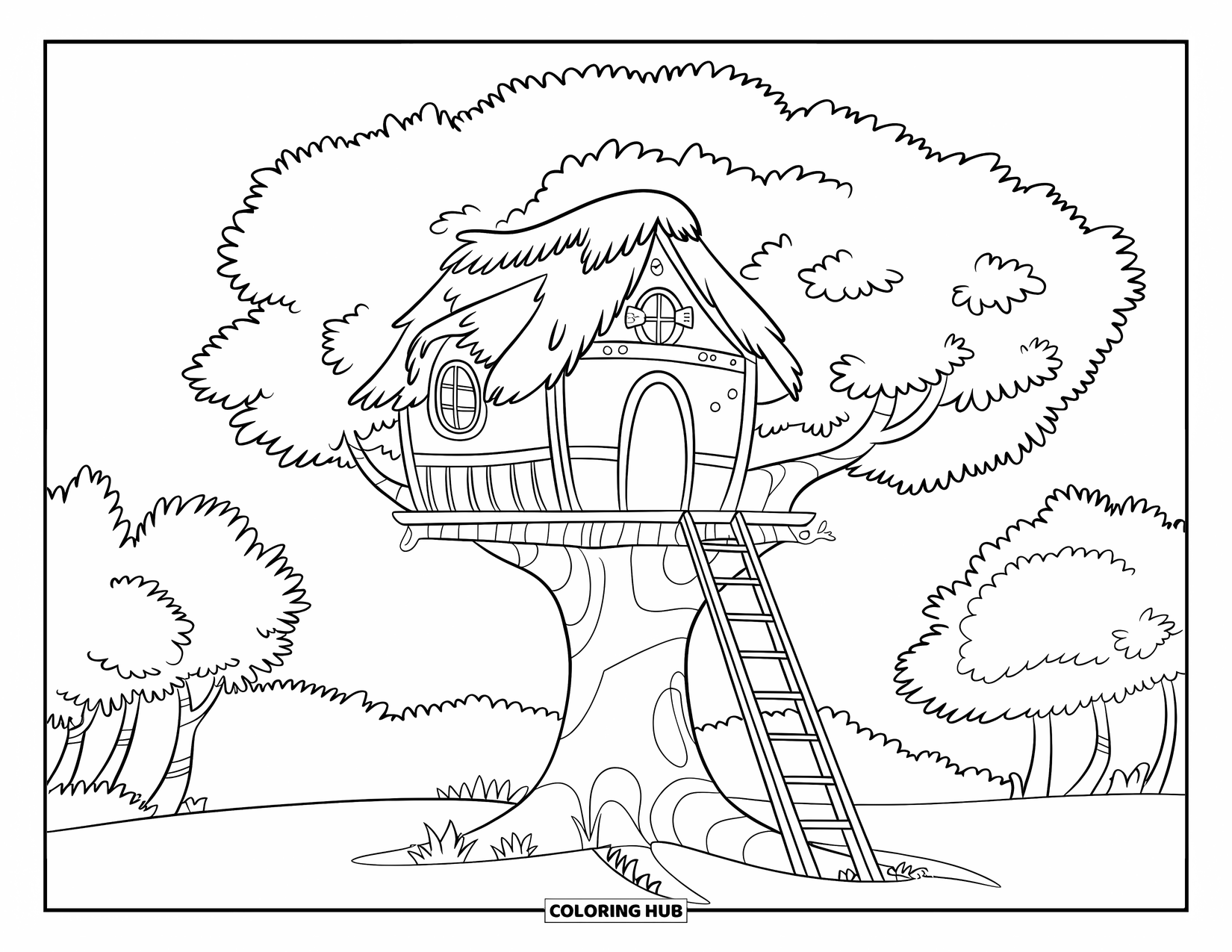 Building Coloring Page for Kids: A treehouse with a thatched roof, ladder, and big window among forest trees