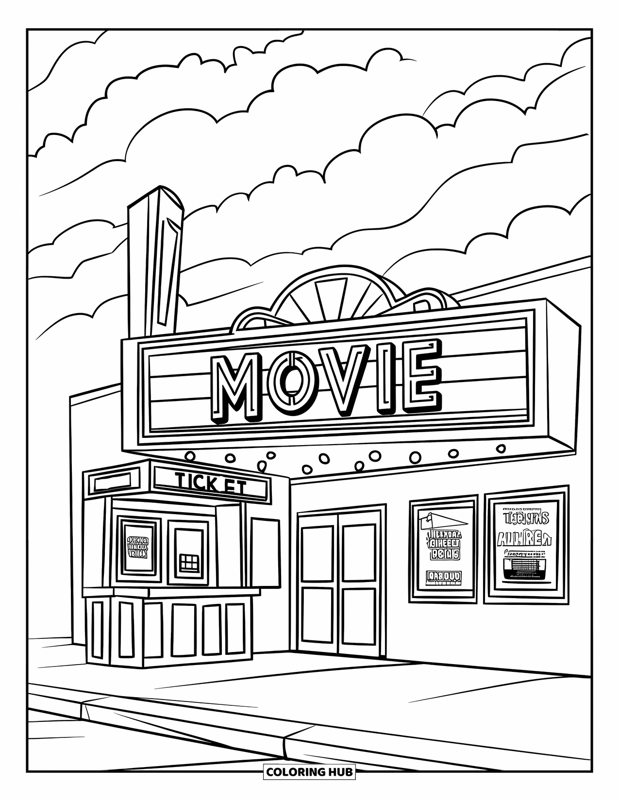 Building Coloring Page for Kids: A vintage-style theater with posters, ticket booth, and a "Movie" sign under cloudy skies
