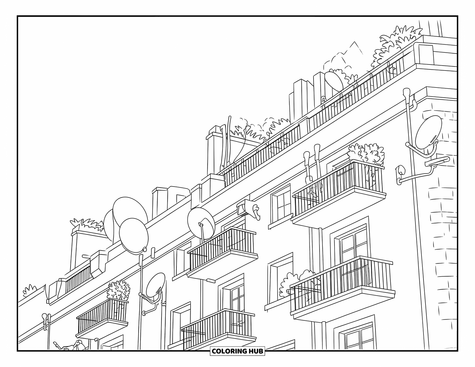 Building Coloring Page for Kids: An apartment building with railings, satellite dishes, and rooftop greenery