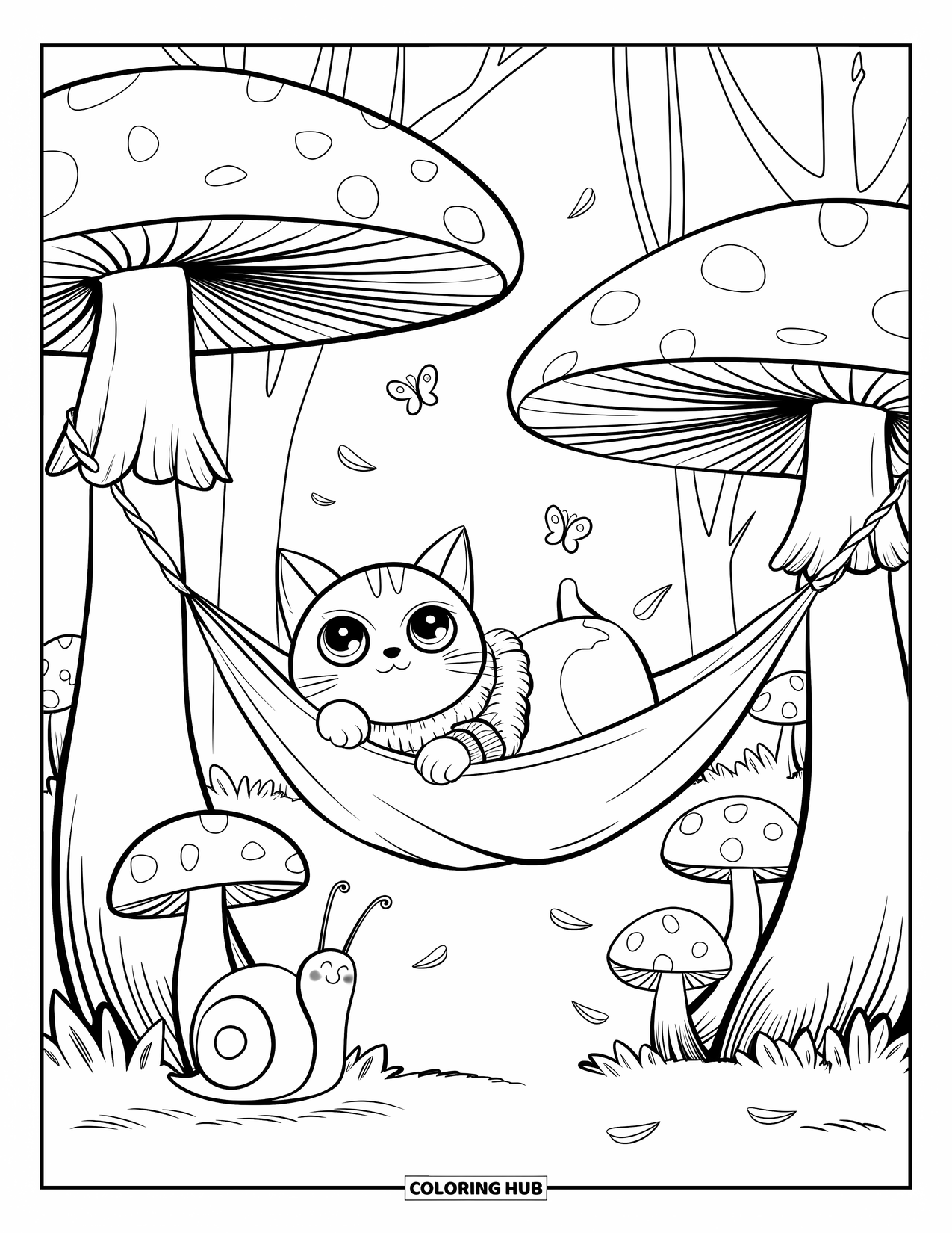 Calming Coloring Page for Adults: A cat in a sweater relaxes in a mushroom hammock as butterflies drift nearby