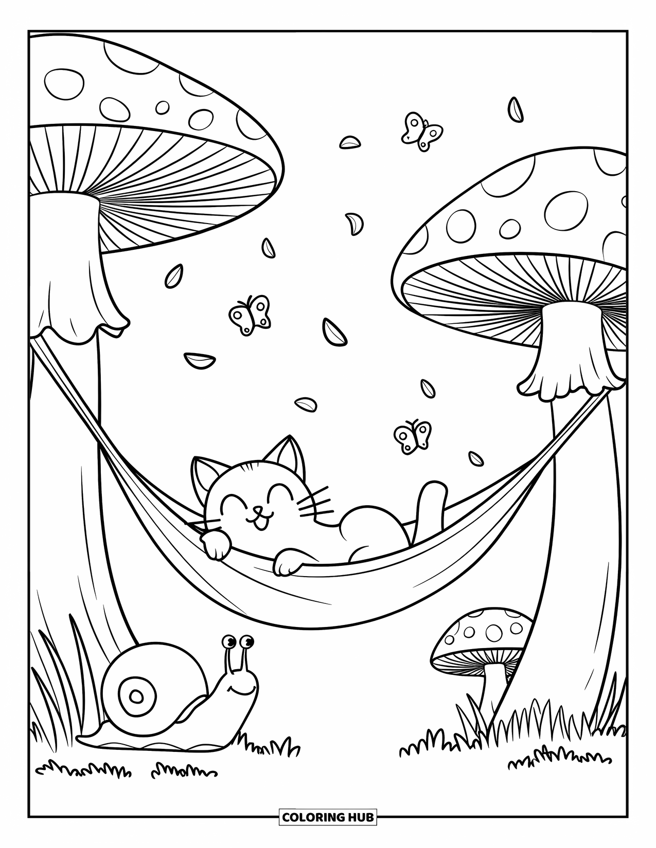 Calming Coloring Page for Adults: A cat lounges in a hammock between giant mushrooms with butterflies and a smiling snail