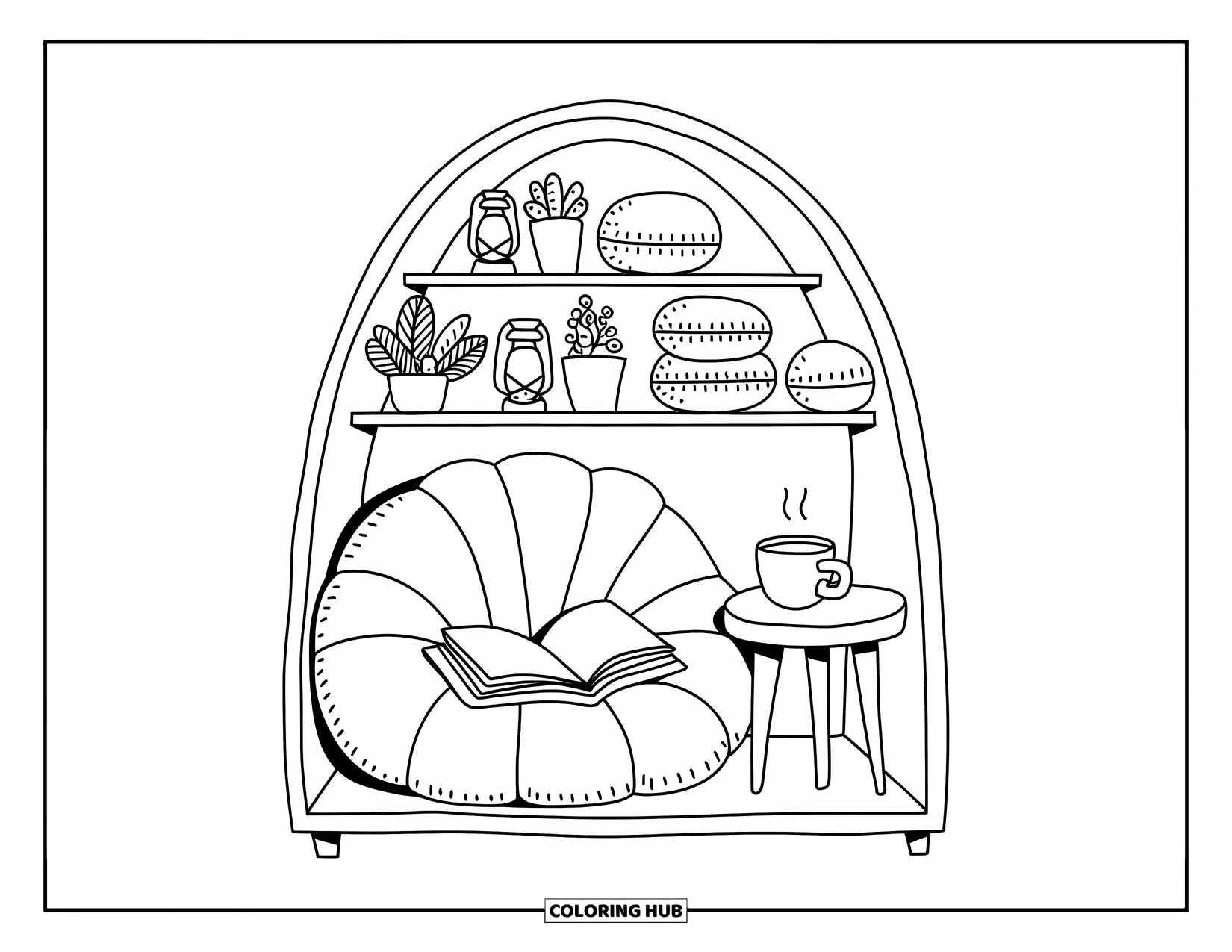 Calming Coloring Page for Adults: A comfy reading spot with tea, pillows, and playful shelf decor