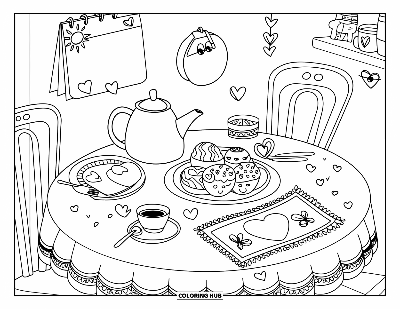 Calming Coloring Page for Adults: A cozy table for one with tea, sweets, and tiny cheerful touches