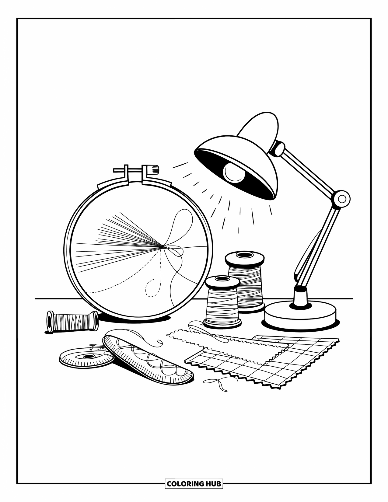 Calming Coloring Page for Adults: A peaceful crafting space with thread, fabric, and a glowing little desk lamp