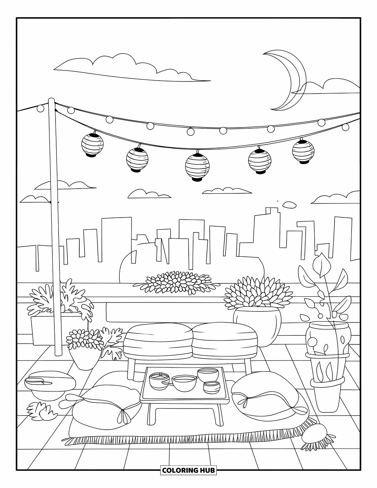 Calming Coloring Page for Adults: A rooftop tea table, floor cushion, string lights, and lanterns float above