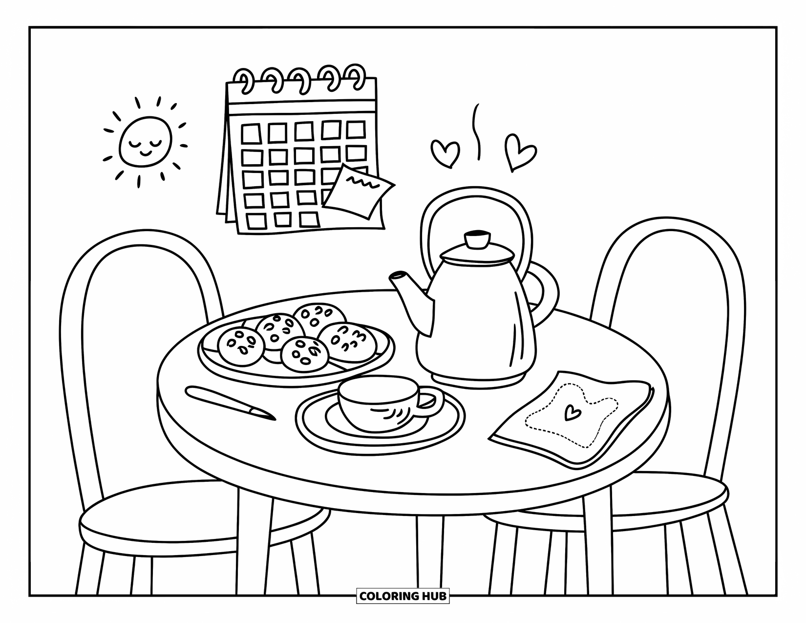 Calming Coloring Page for Adults: A single place setting with tea, pastries, and a cheerful sun calendar nearby