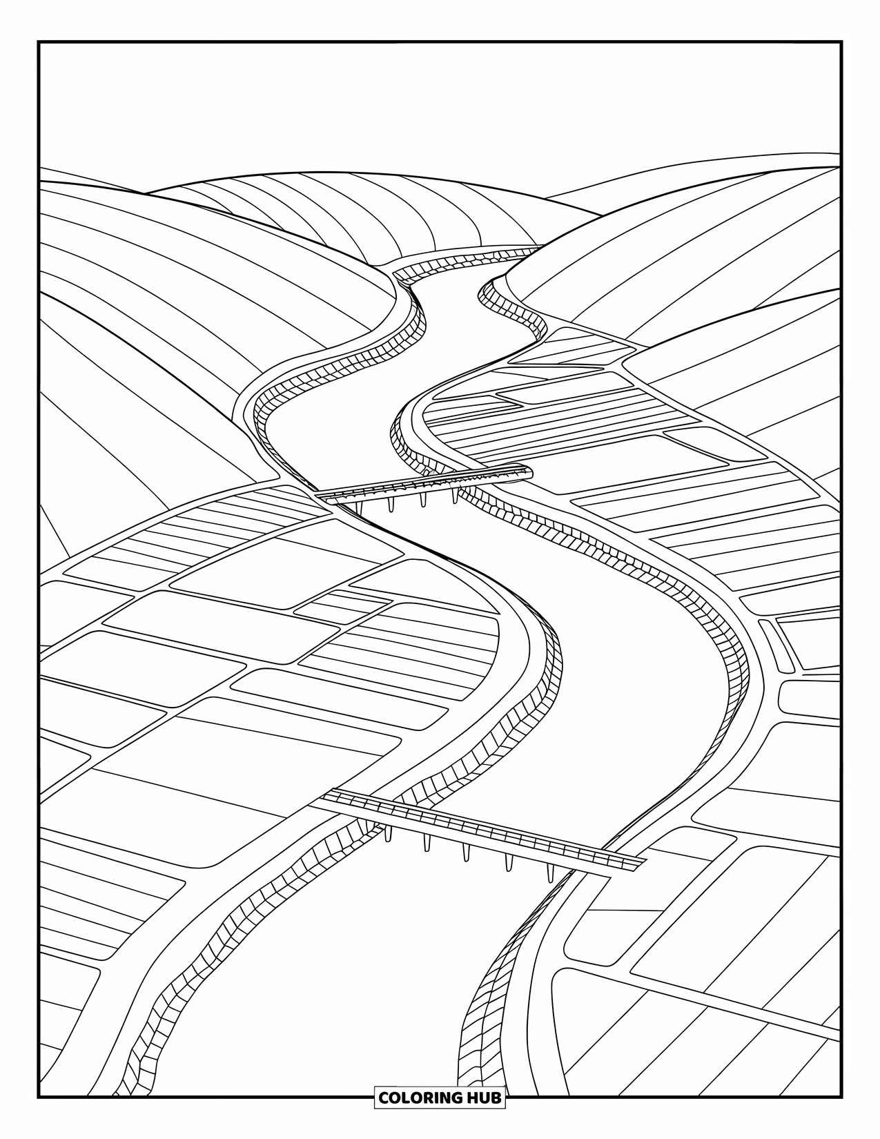 Calming Coloring Page for Adults: A winding river flows through fields and bridges with hills in the distance