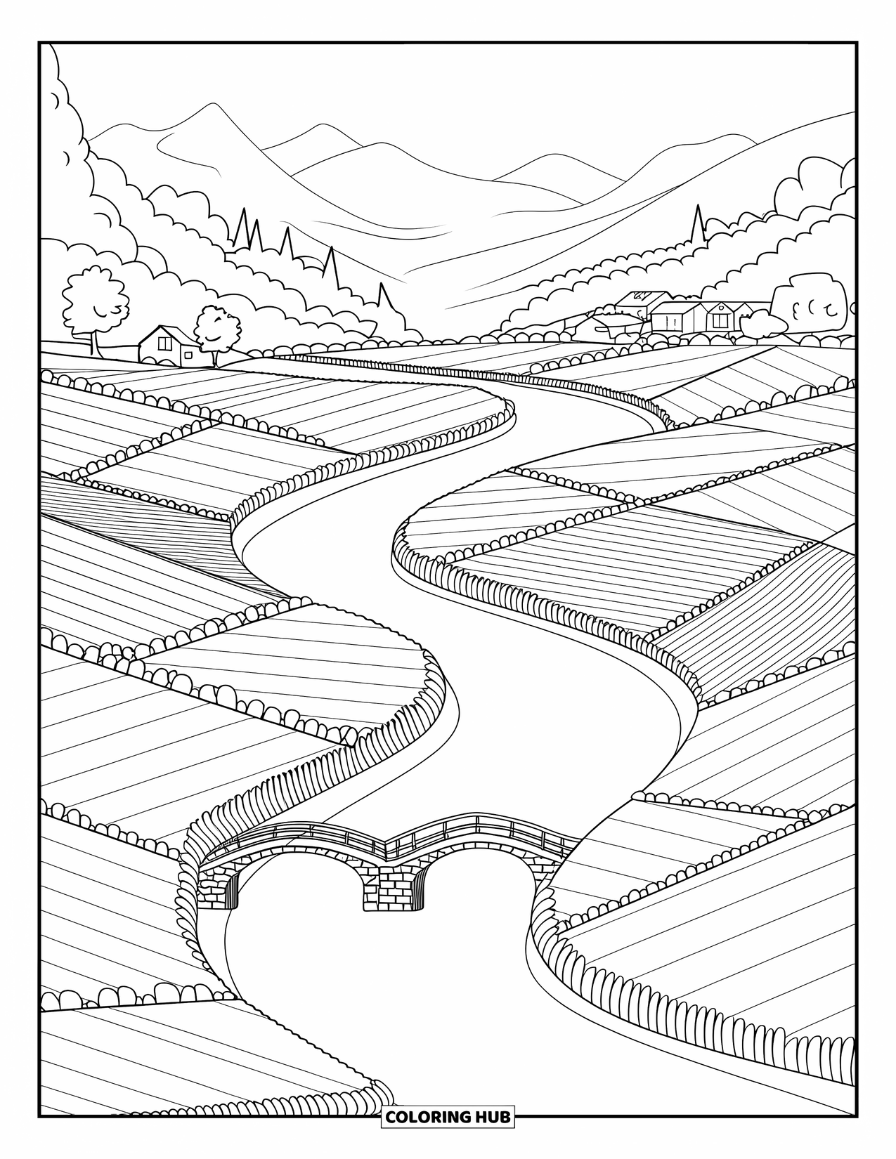 Calming Coloring Page for Adults: A winding river weaves through patchwork fields, bridges, and a mountain-lined backdrop