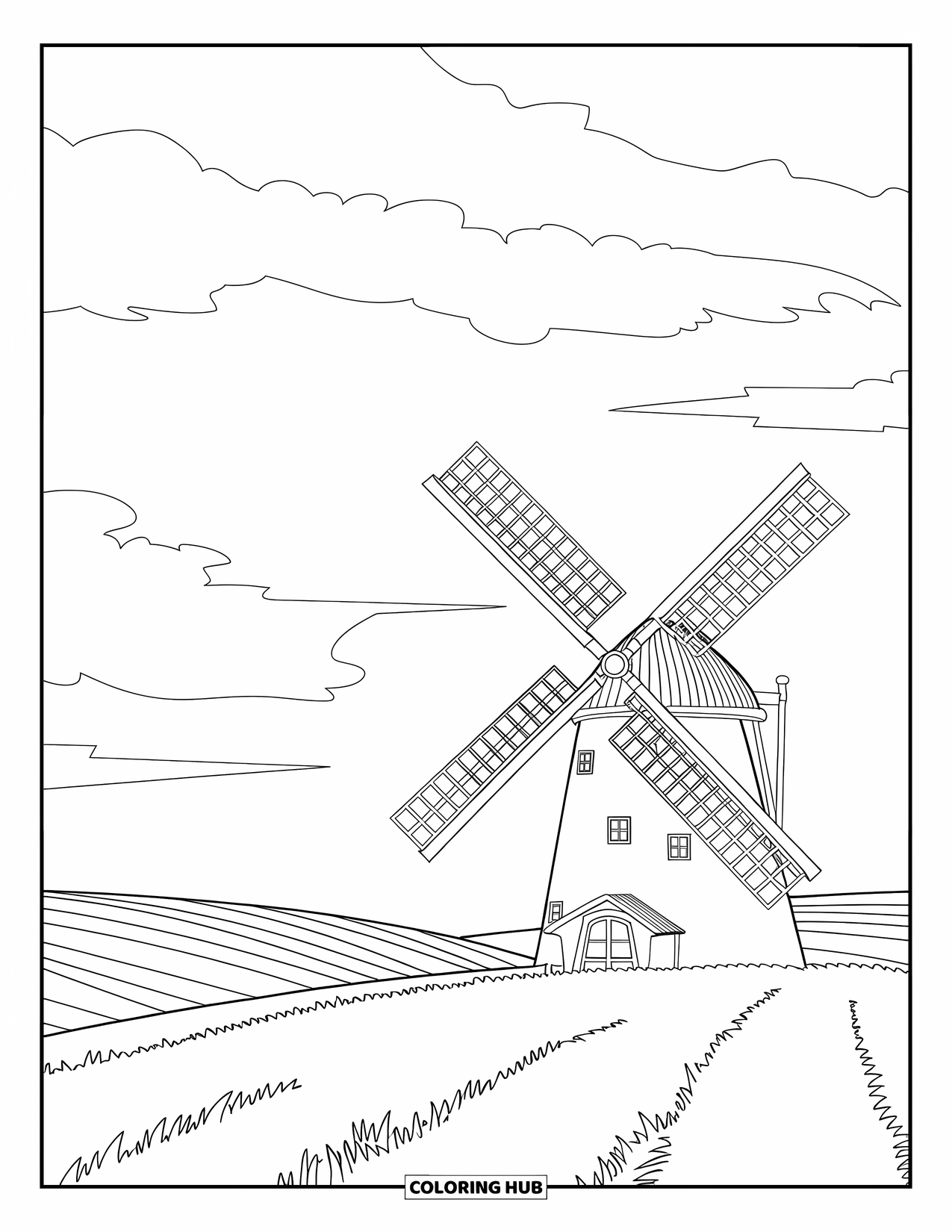 Calming Coloring Page for Adults: A windmill stands on gentle hills under a sky filled with clouds