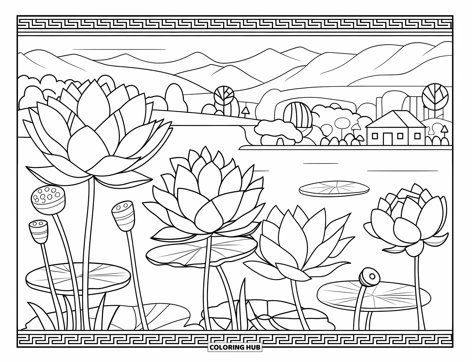 Calming Coloring Page for Adults: Blooming lotus flowers float on a pond with mountains and trees in the background