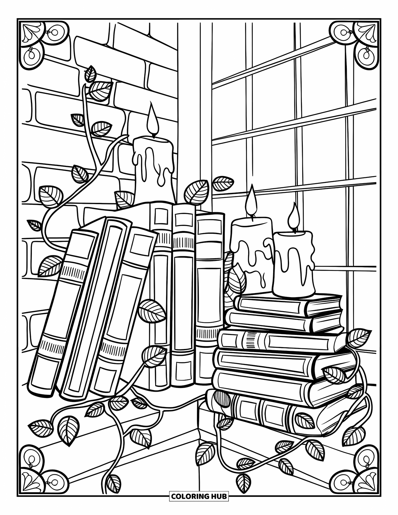 Calming Coloring Page for Adults: Books, candles, and vines arranged neatly on a detailed bookshelf corner