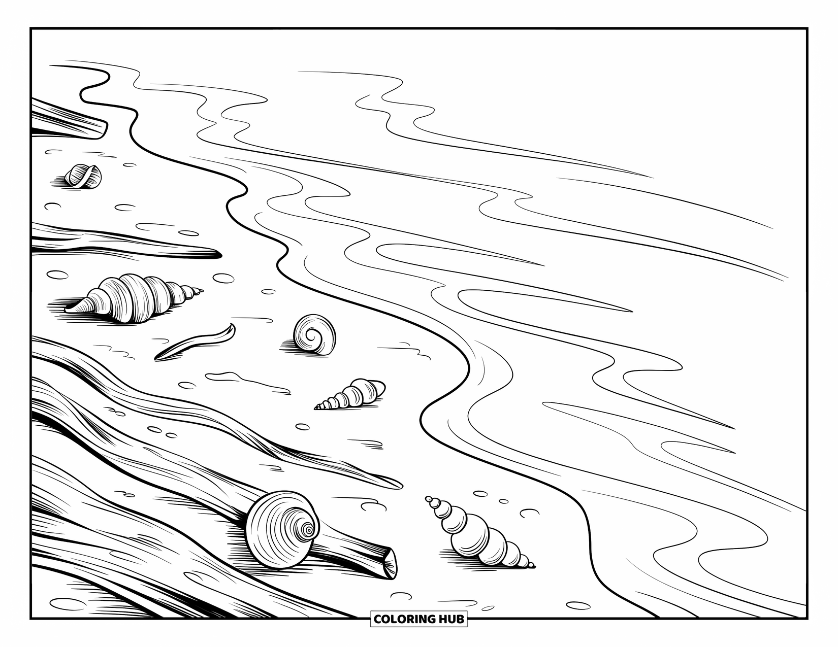 Calming Coloring Page for Adults: Calm shore with scattered seashells, driftwood, and a gentle wave line