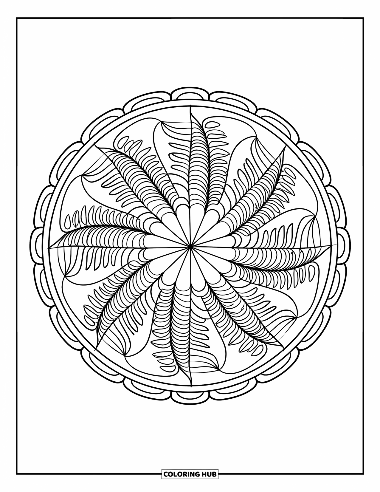Calming Coloring Page for Adults: Circular mandala with fern leaves and geometric curves framed by a border