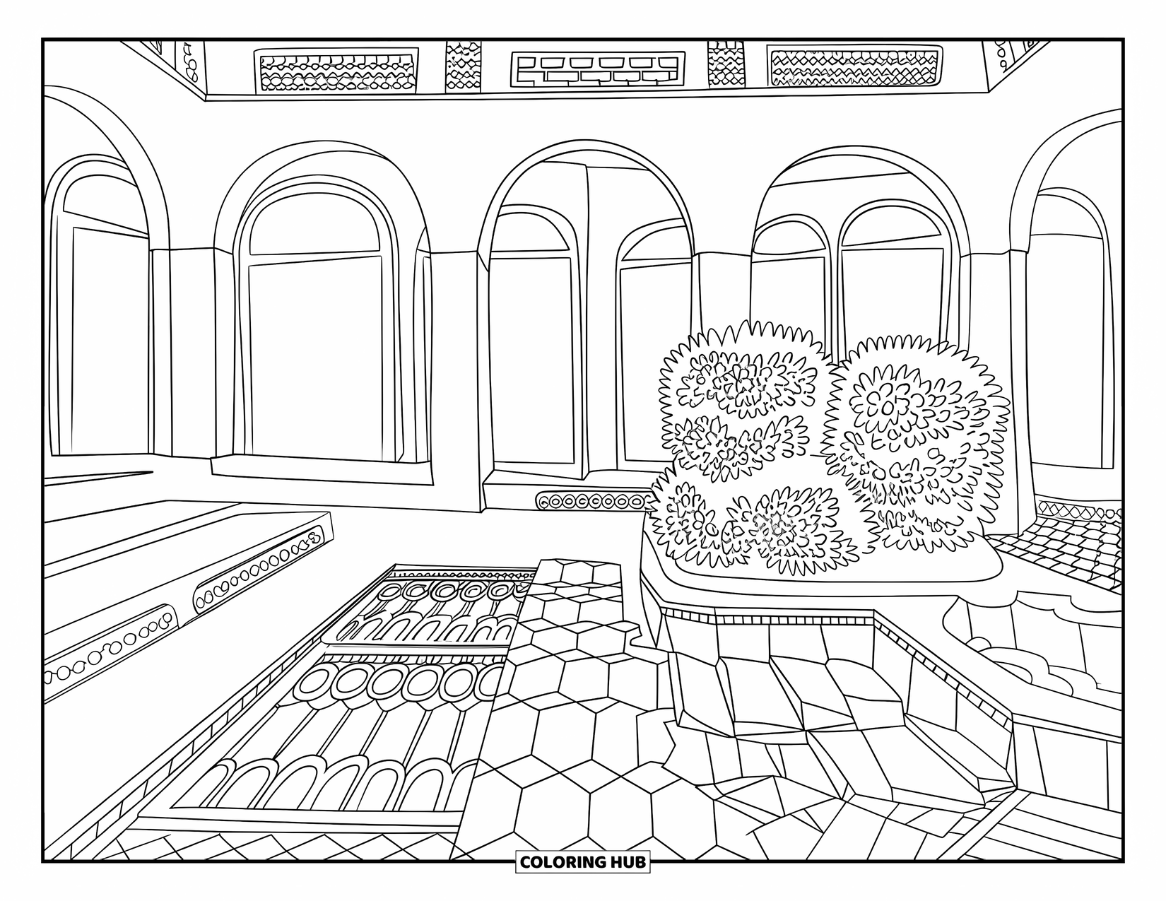 Calming Coloring Page for Adults: Courtyard with patterned tiles, a bamboo fountain, and peaceful benches