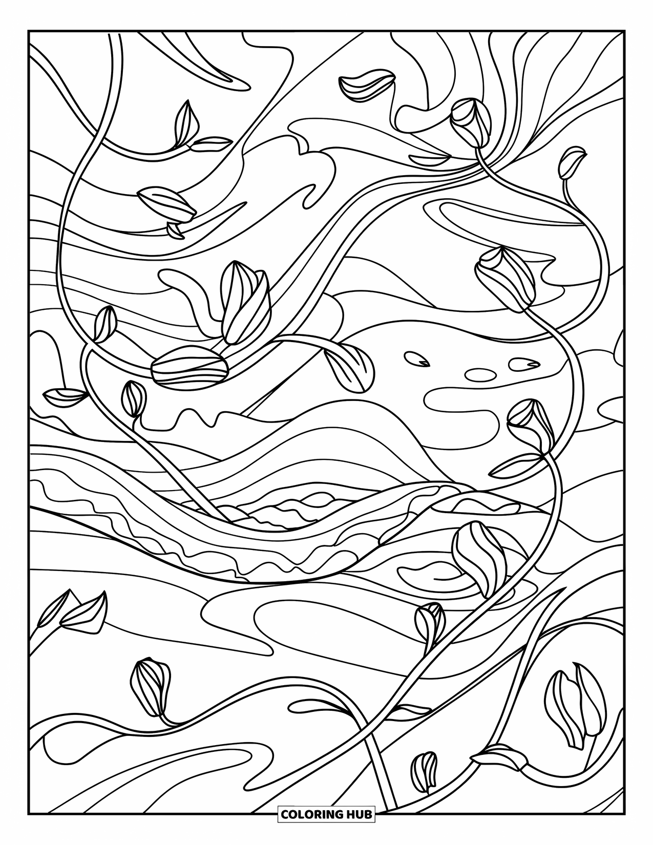 Calming Coloring Page for Adults: Flowing abstract of vines, petals, and waves with a peaceful rhythm