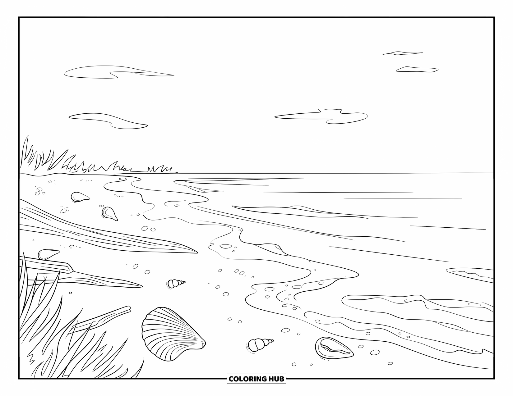 Calming Coloring Page for Adults: Low tide shoreline with driftwood, seashells, and soft waves under a peaceful sky