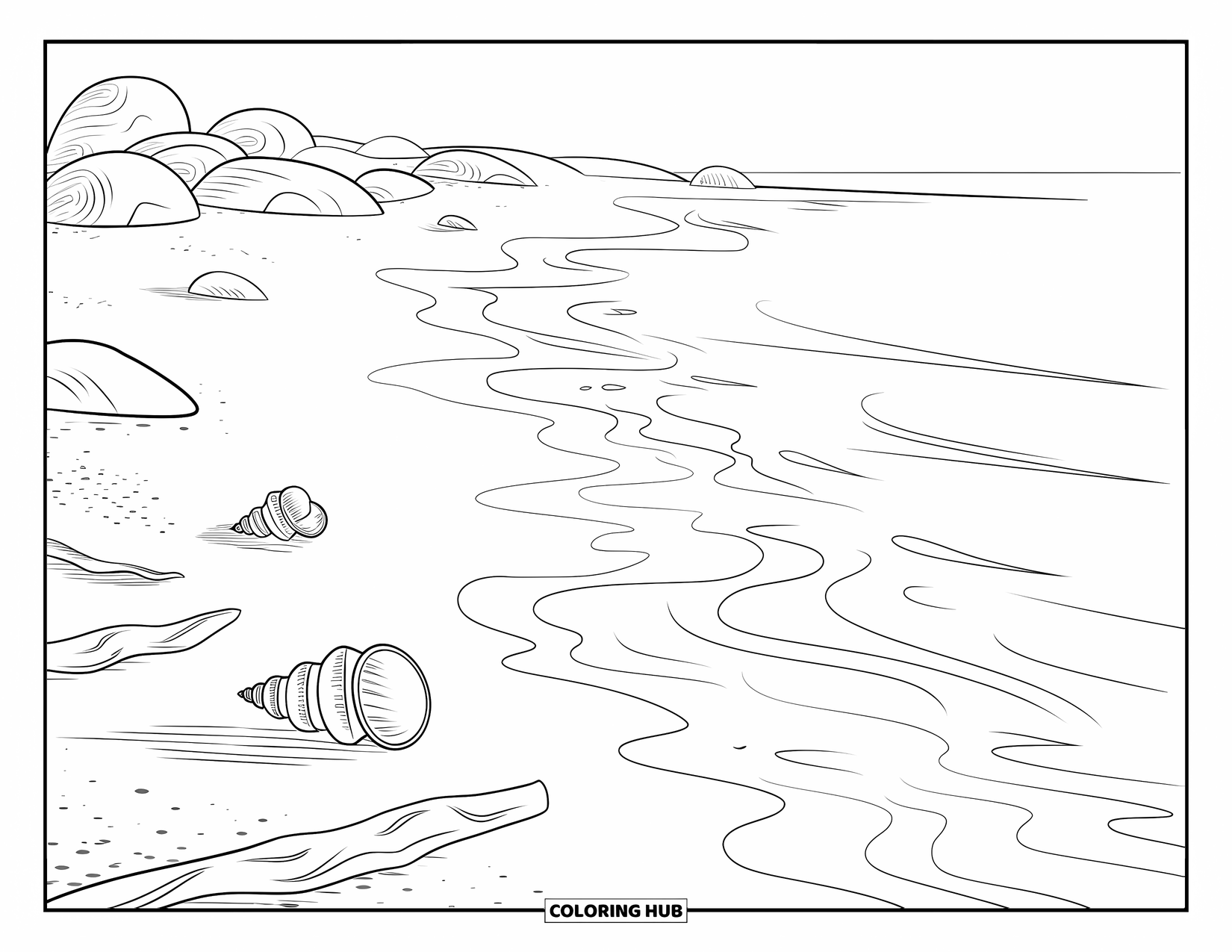 Calming Coloring Page for Adults: Seashells and driftwood rest on a calm shoreline with waves barely reaching the sand
