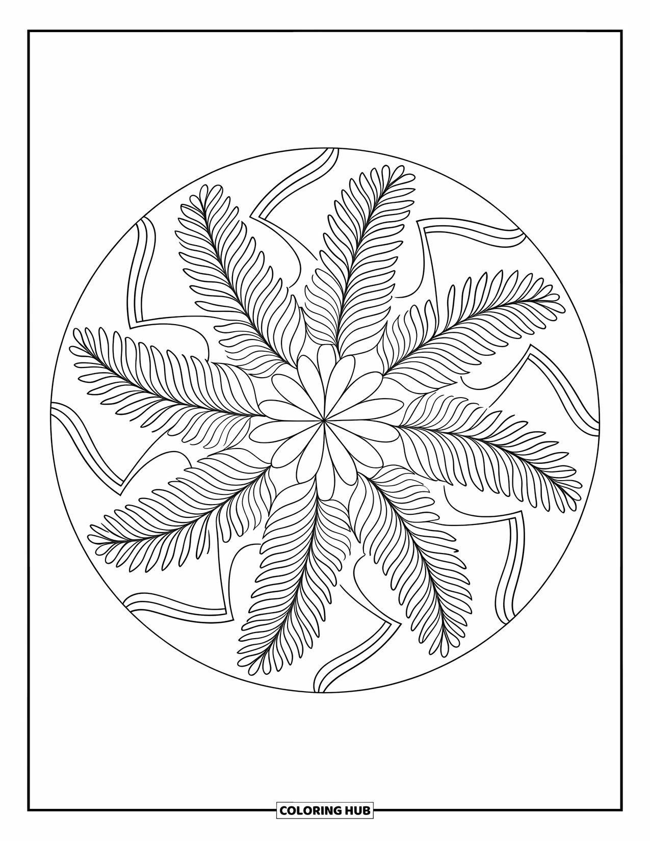 Calming Coloring Page for Adults: Symmetrical mandala of fern leaves and curves with clean, flowing lines