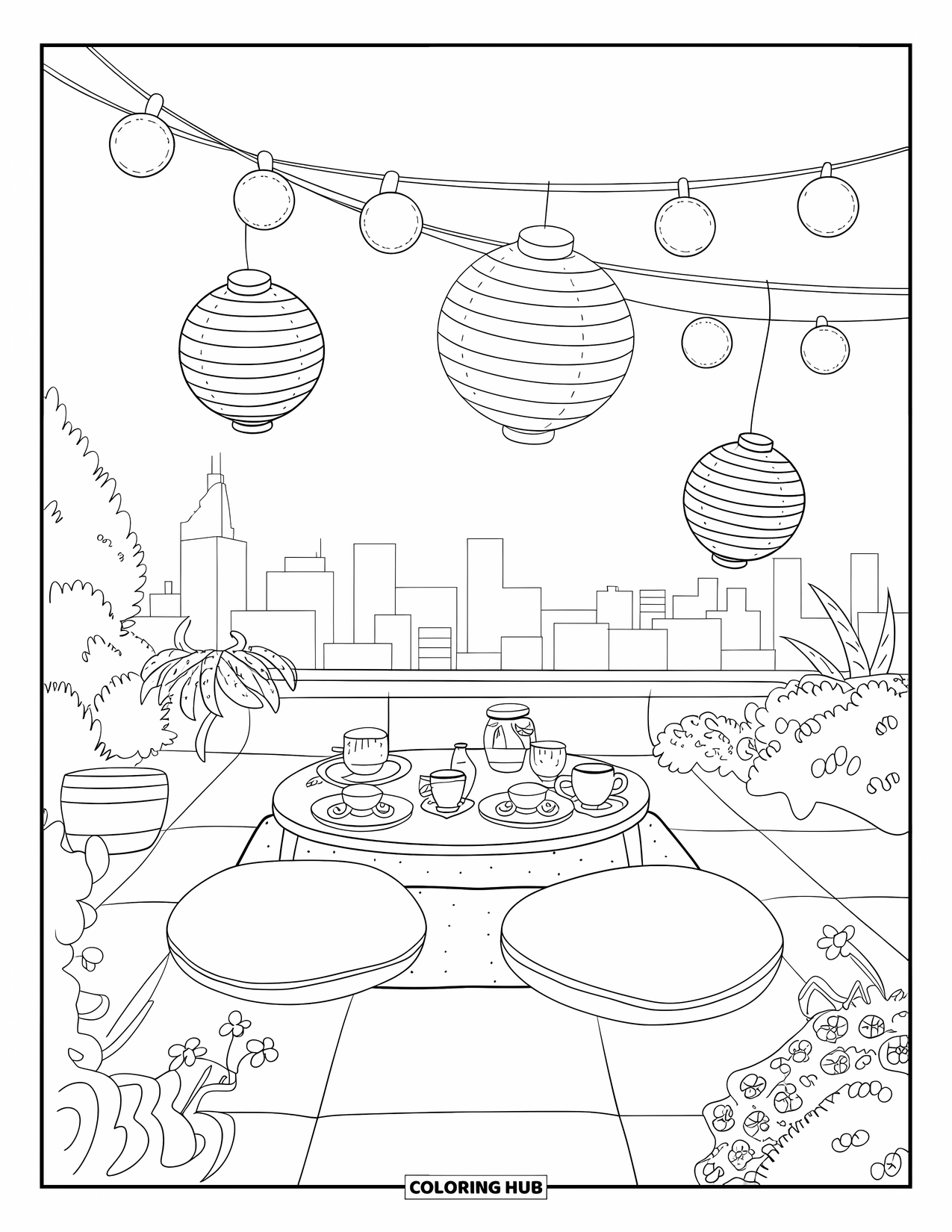 Calming Coloring Page for Adults: Tea on a rooftop with cozy lights, lanterns, and a calm city view