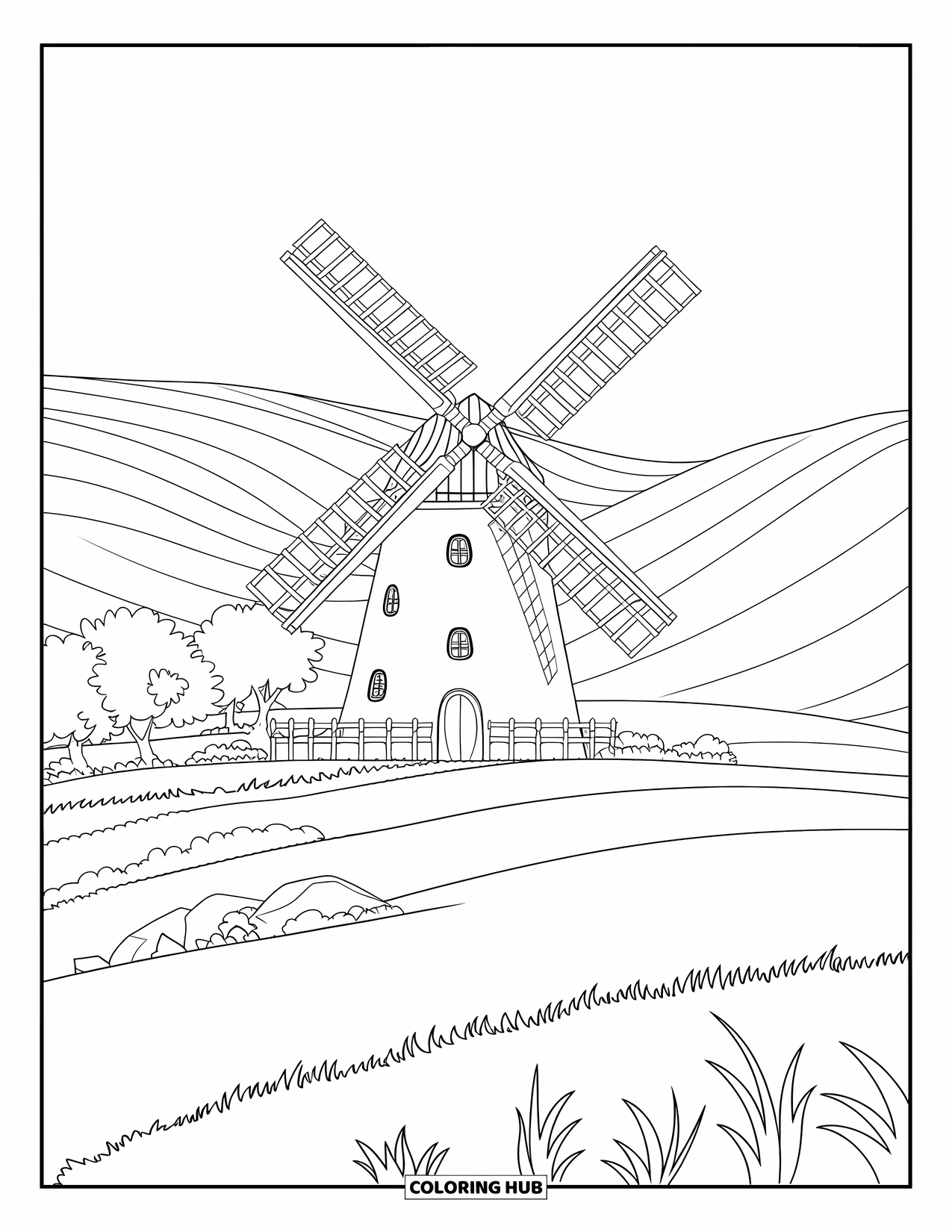 Calming Coloring Page for Adults: Thatched-roof windmill spins gently near trees and rocks in a quiet open field
