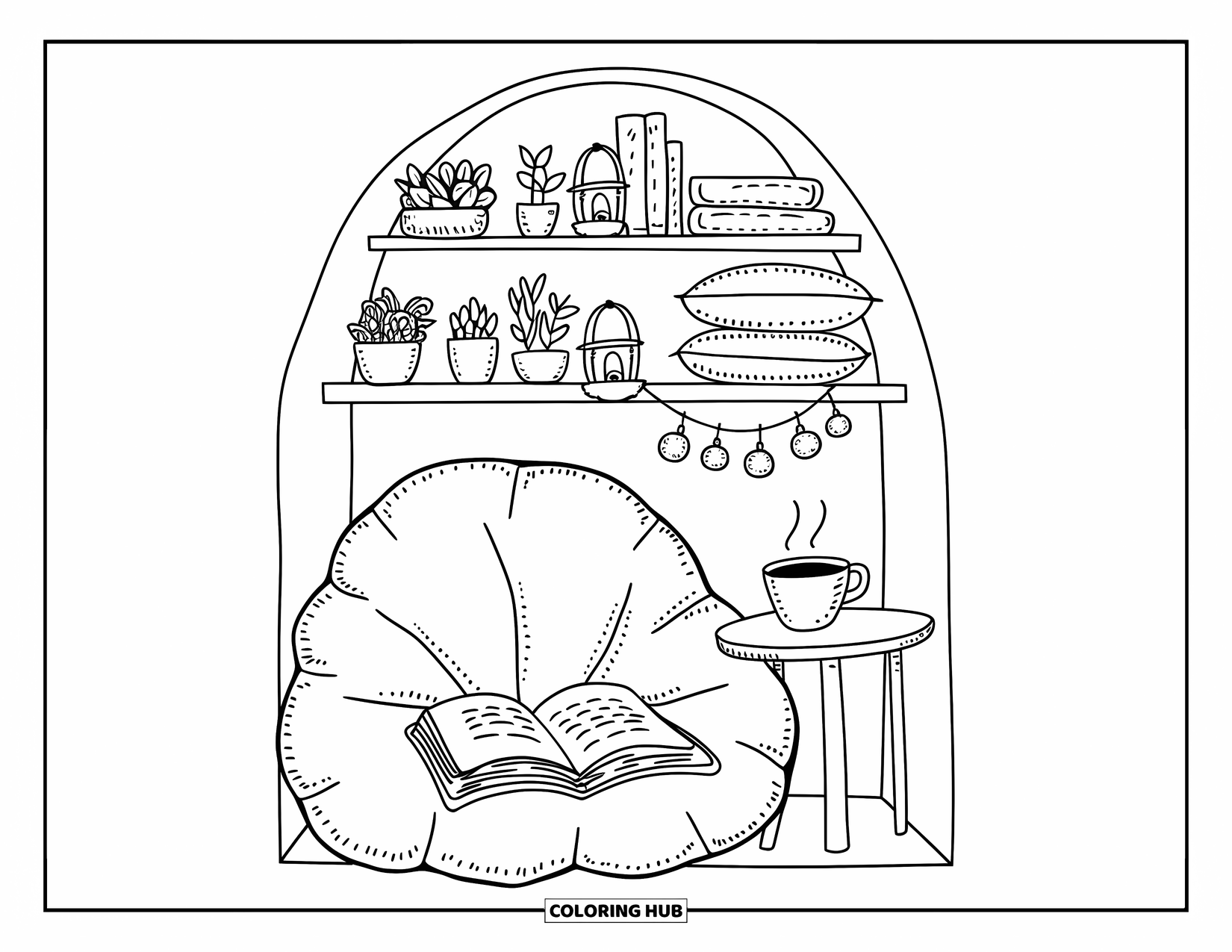 Calming Coloring Page for Adults: Tiny reading nook with tea, plants, pillows, and a comfy beanbag chair