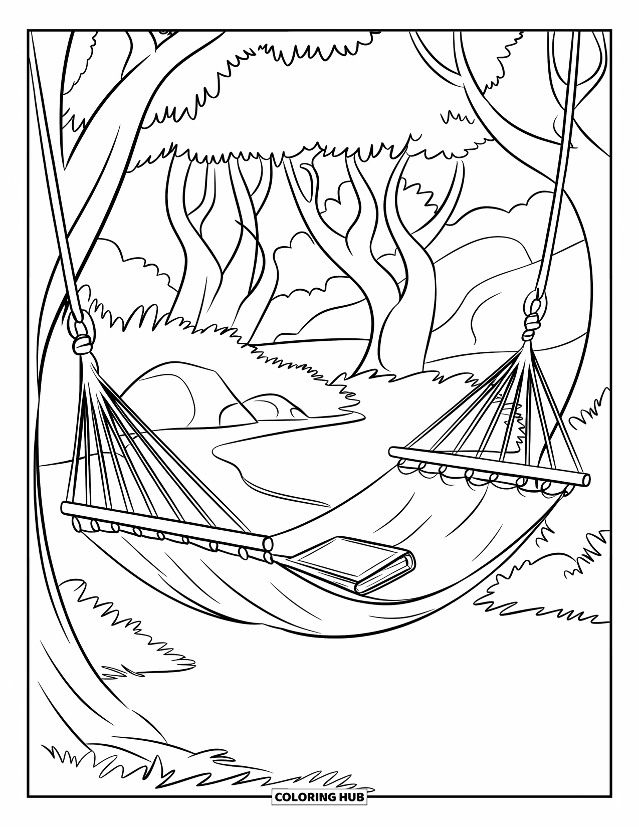 Calming Coloring Page for Kids: A book rests in a gently swaying hammock surrounded by trees and rocks
