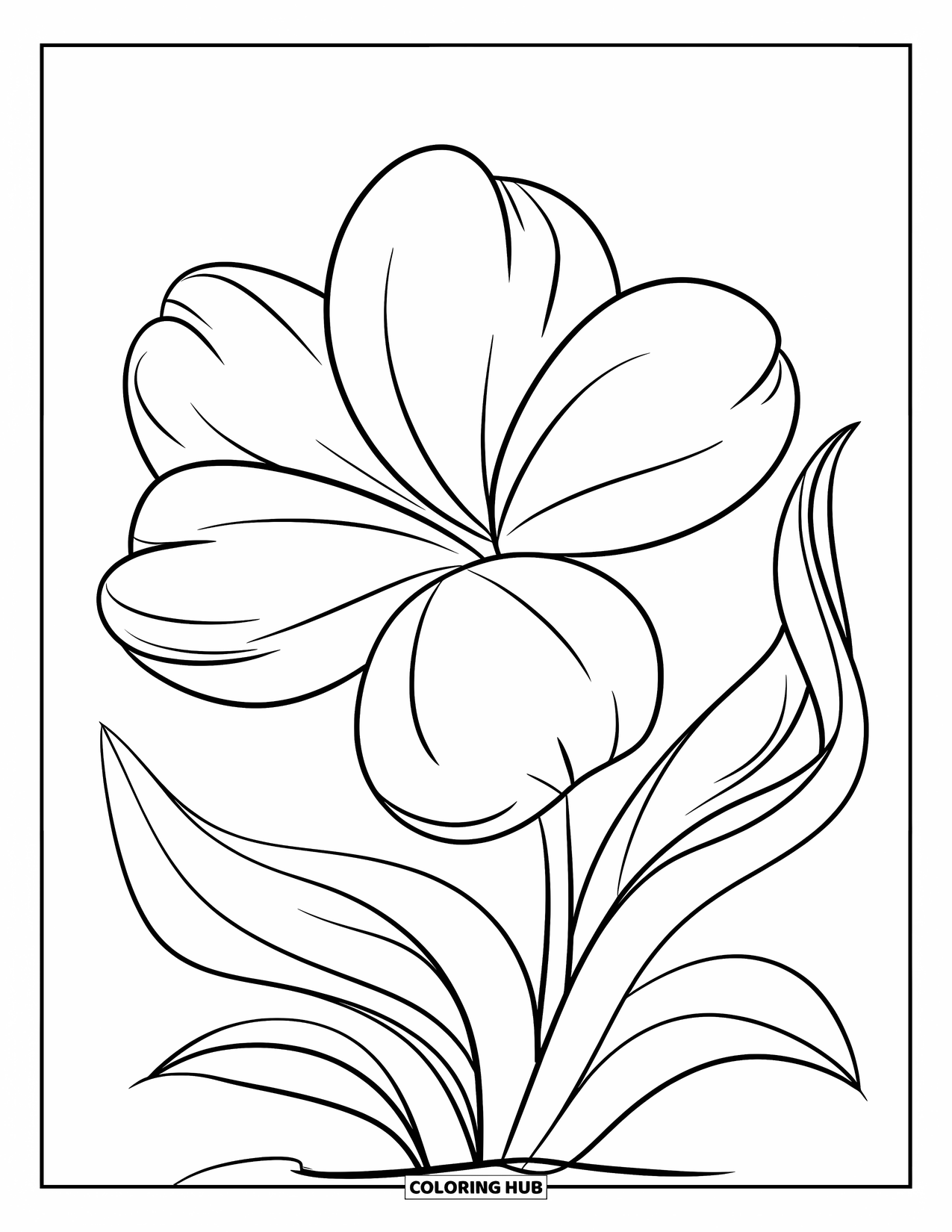 Calming Coloring Page for Kids: A cheerful flower with rounded petals and gentle leaves