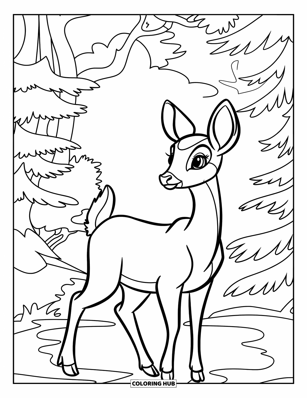 Calming Coloring Page for Kids: A deer stands peacefully among soft layers of misty forest trees