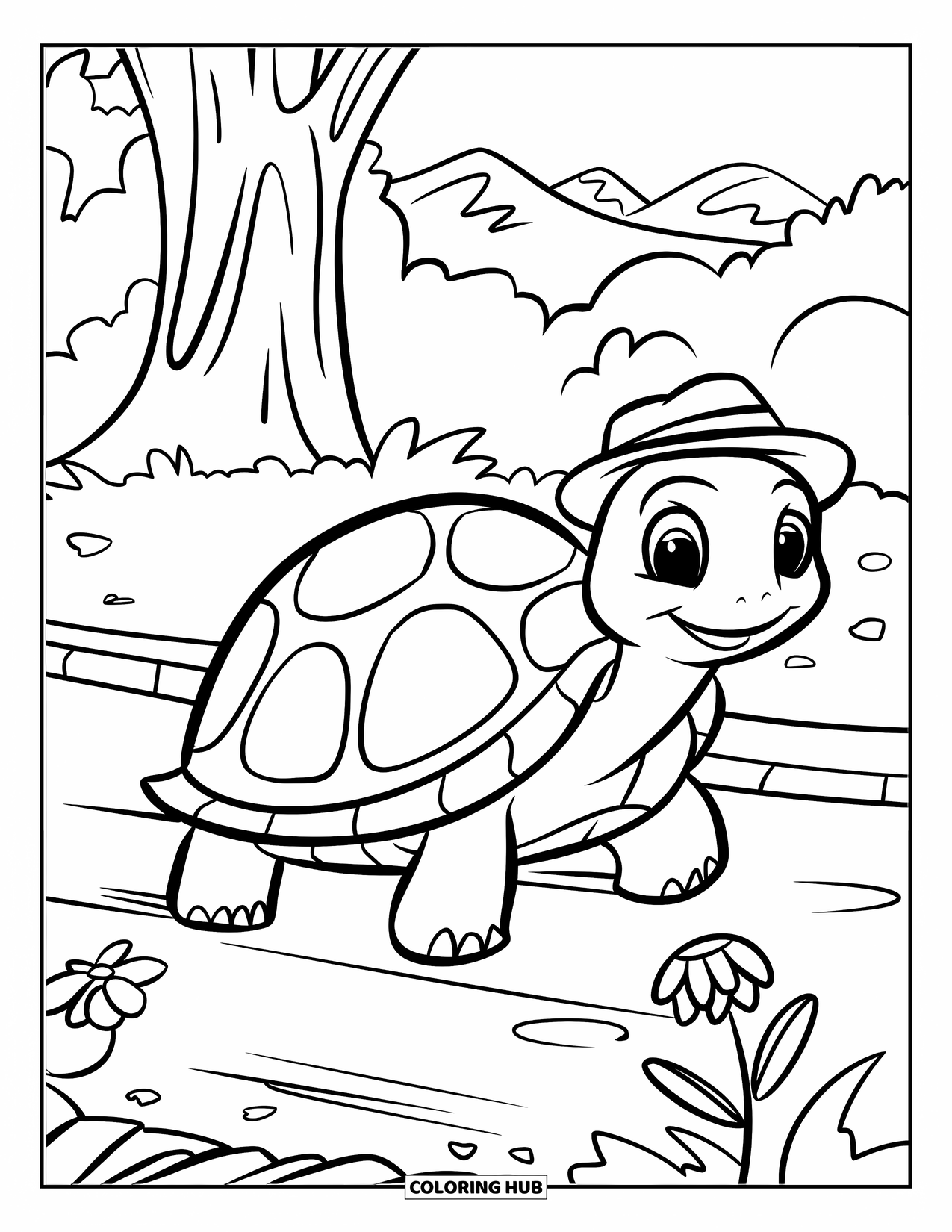 Calming Coloring Page for Kids: A friendly turtle in a hat strolls along a flower-lined path