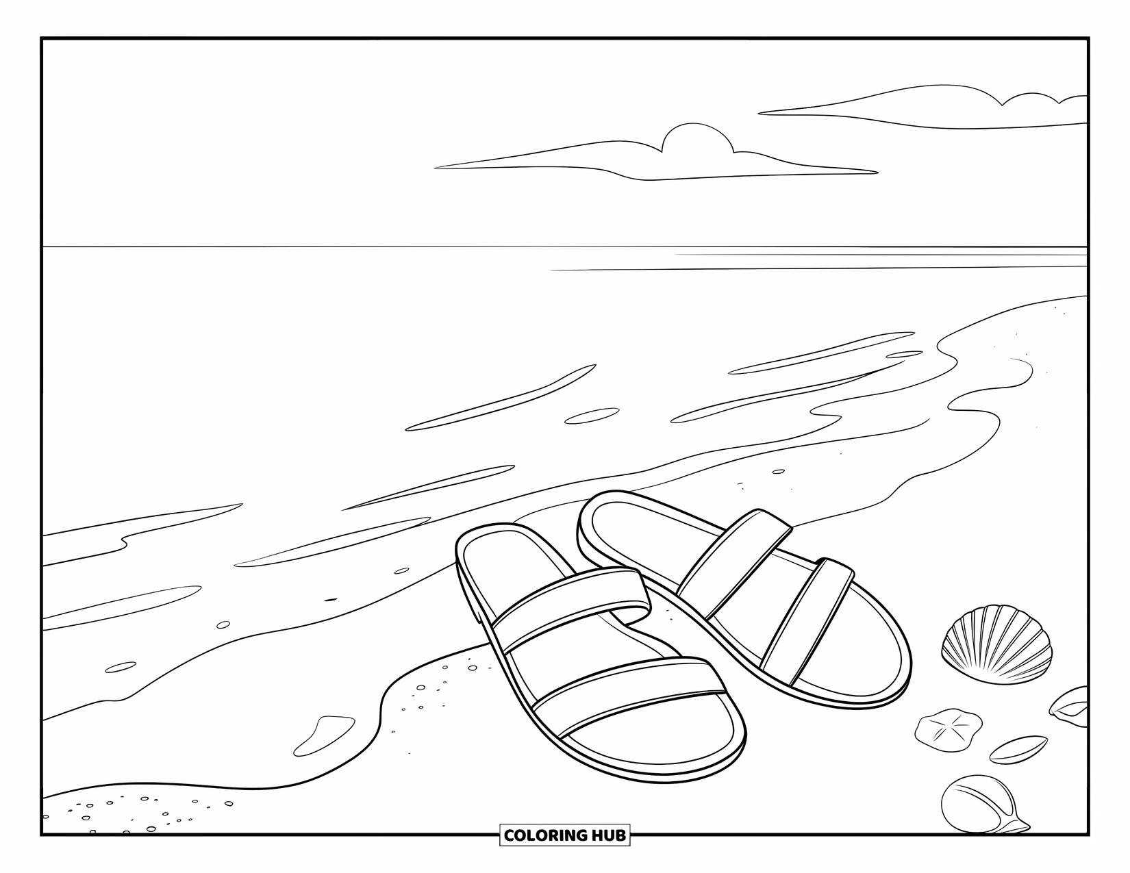 Calming Coloring Page for Kids: A pair of sandals rest near gentle waves and scattered seashells