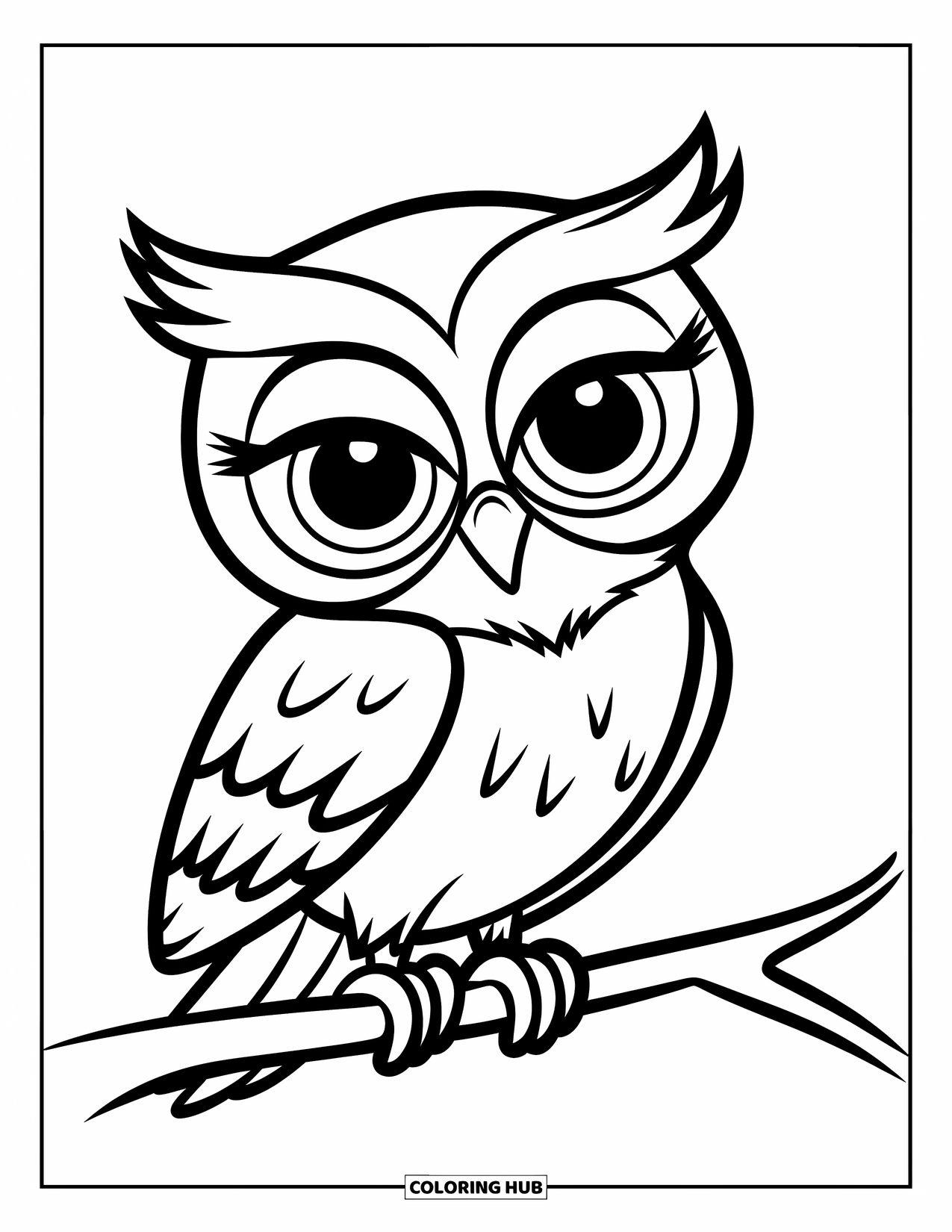 Calming Coloring Page for Kids: A sleepy owl rests quietly on a short branch