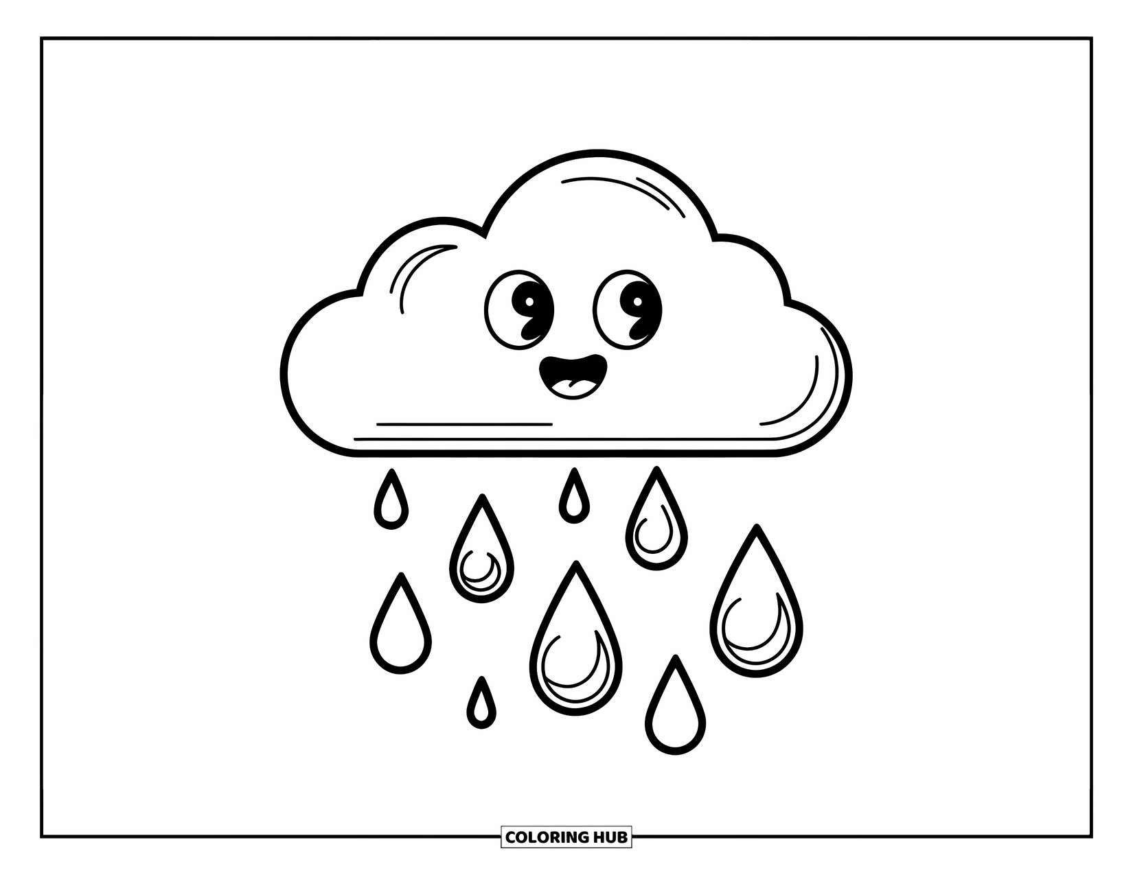 Calming Coloring Page for Kids: A smiling cloud drops three raindrops as it drifts through the sky