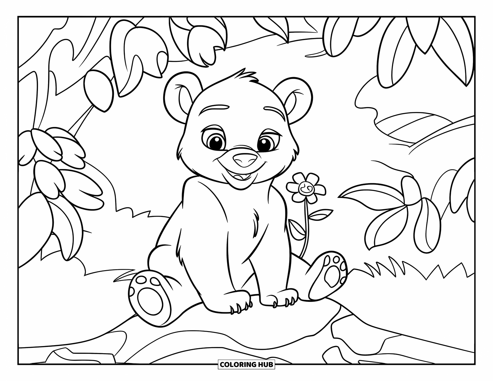Calming Coloring Page for Kids: Bear cub sits on a rock holding a flower in a quiet forest