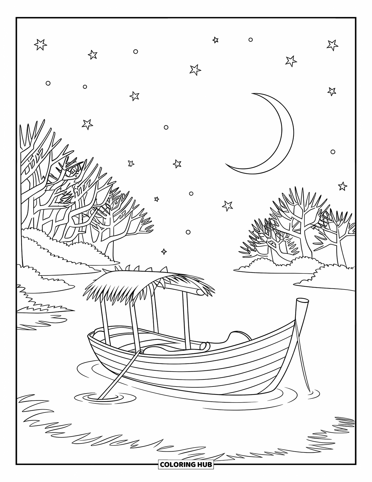 Calming Coloring Page for Kids: Boat with a thatched roof rests on calm water under a starry sky