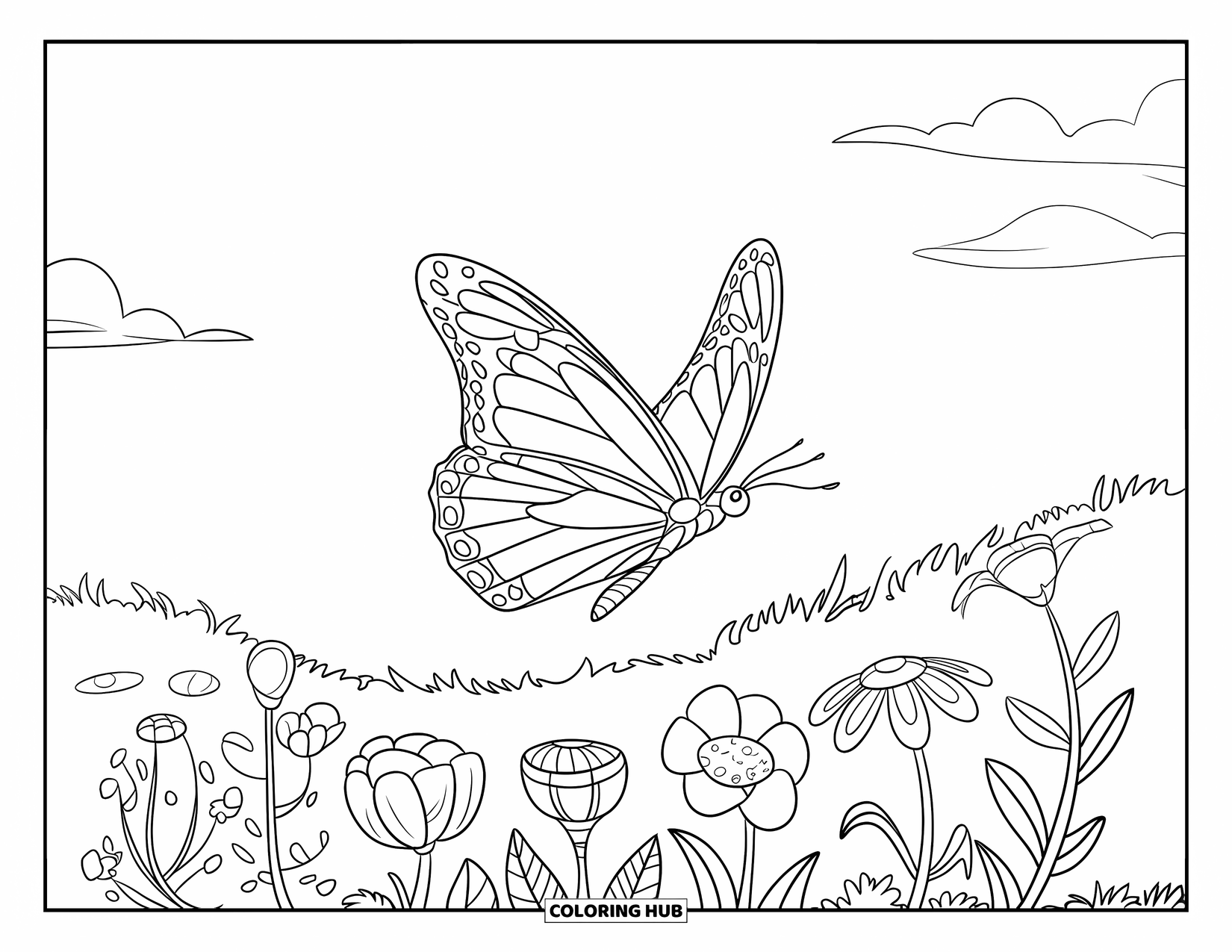 Calming Coloring Page for Kids: Butterfly in mid-flight above blooming flowers and leafy stems