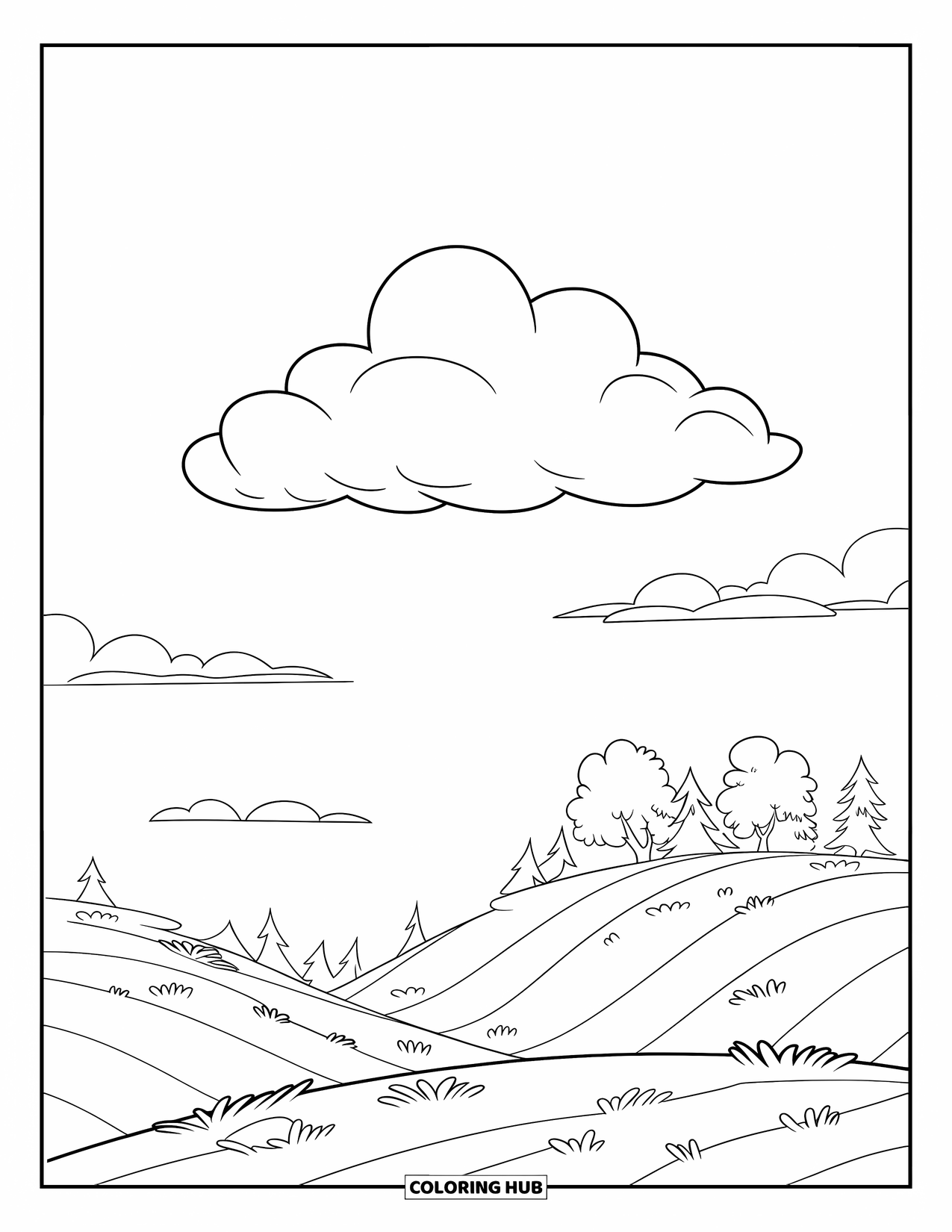 Calming Coloring Page for Kids: Clouds float over a peaceful hill with trees and open sky