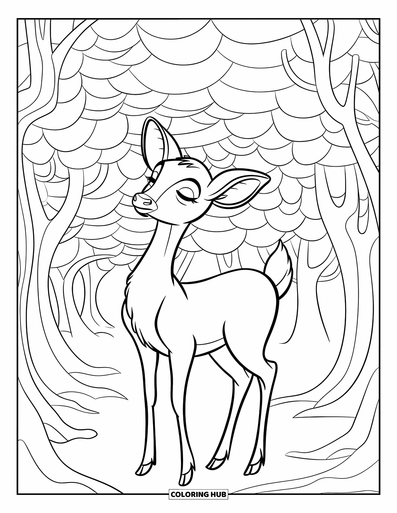 Calming Coloring Page for Kids: Deer lifts its head gently in a foggy forest of layered trees