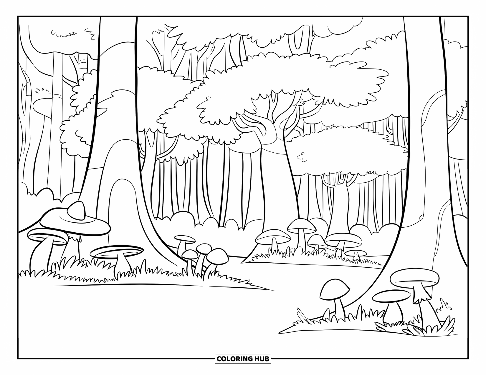 Calming Coloring Page for Kids: Dense forest filled with thick trees, mushrooms, and soft ground cover