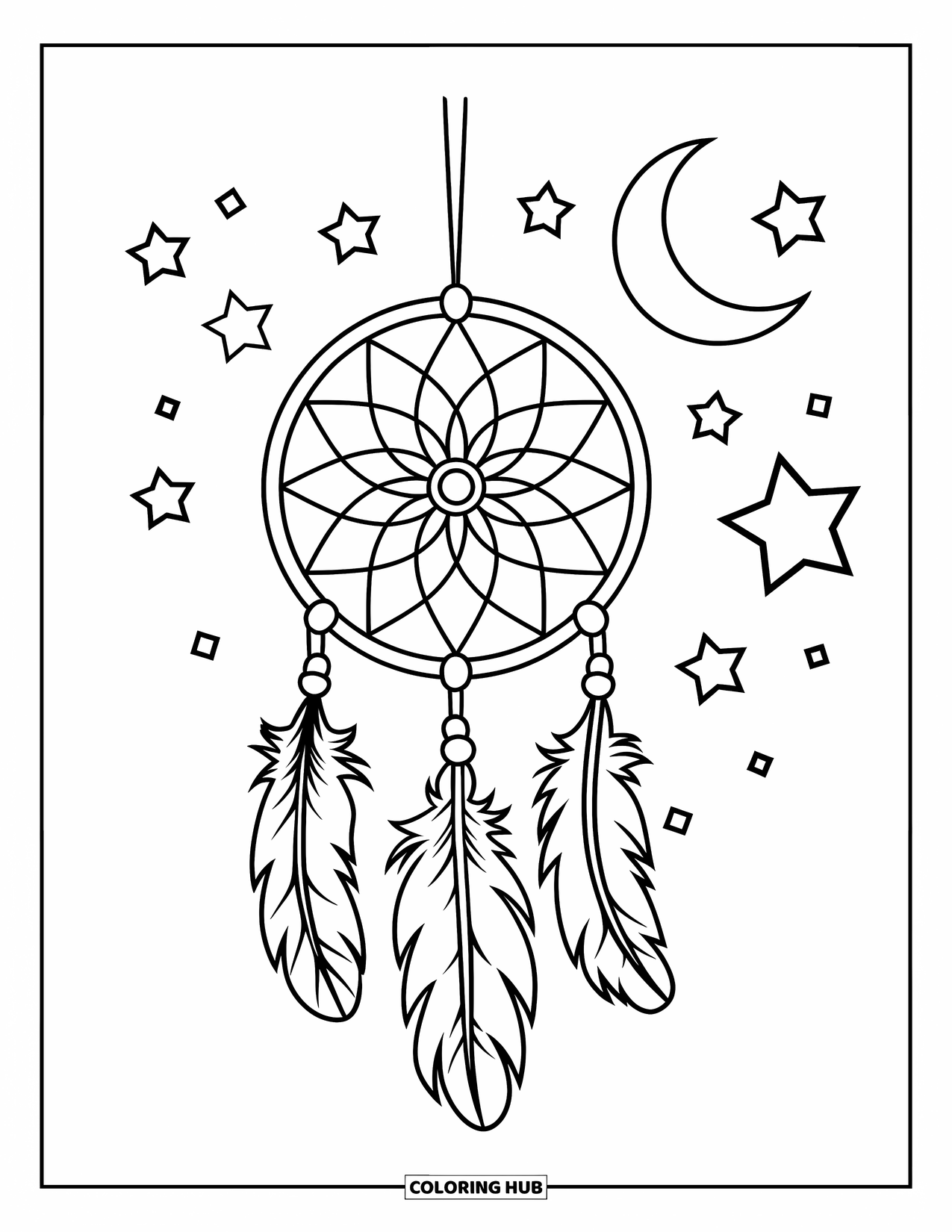 Calming Coloring Page for Kids: Dreamcatcher hangs under stars and a crescent moon from a quiet branch