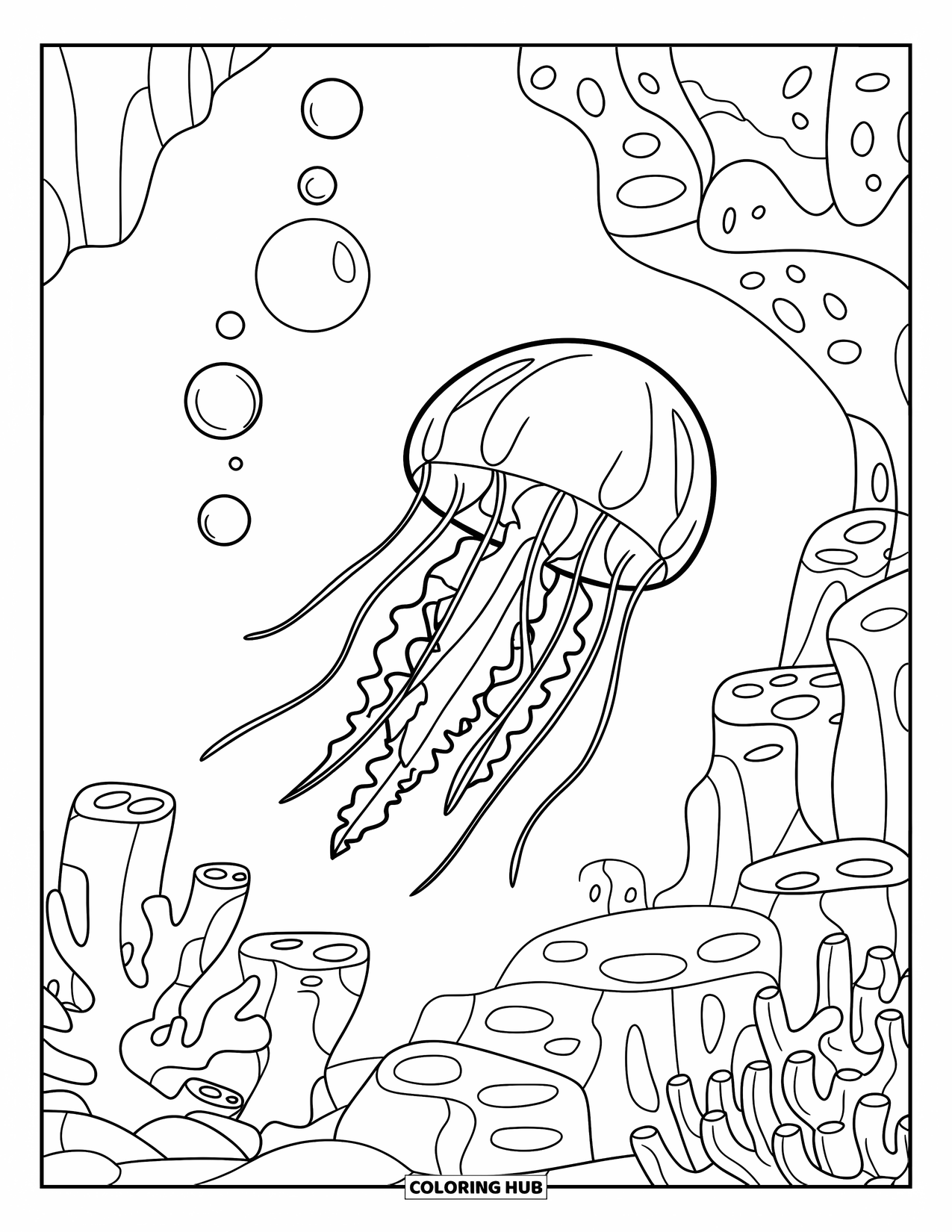 Calming Coloring Page for Kids: Floating jellyfish and bubbles rise above coral and rocks in the sea