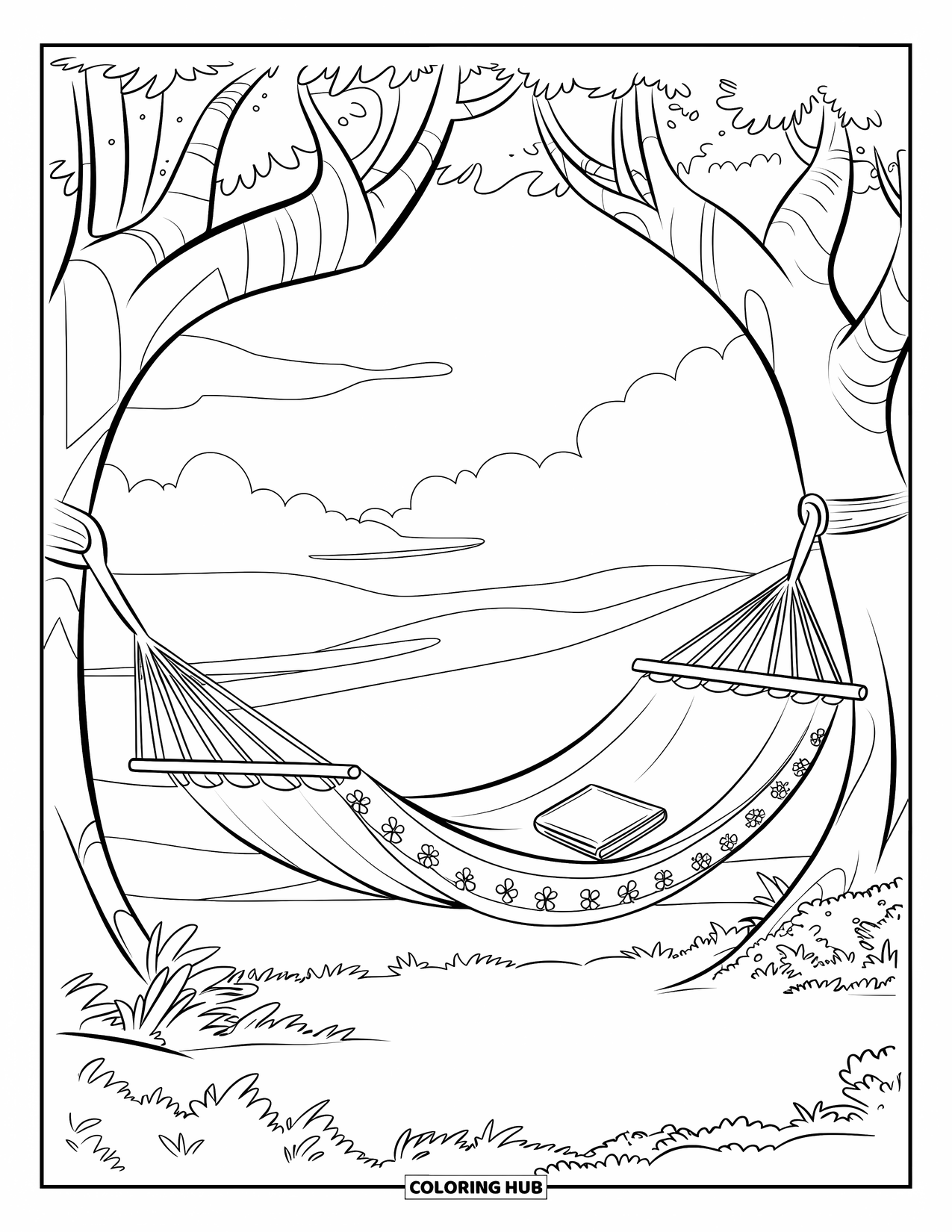 Calming Coloring Page for Kids: Flower-patterned hammock with a book sways between trees in the mountain breeze