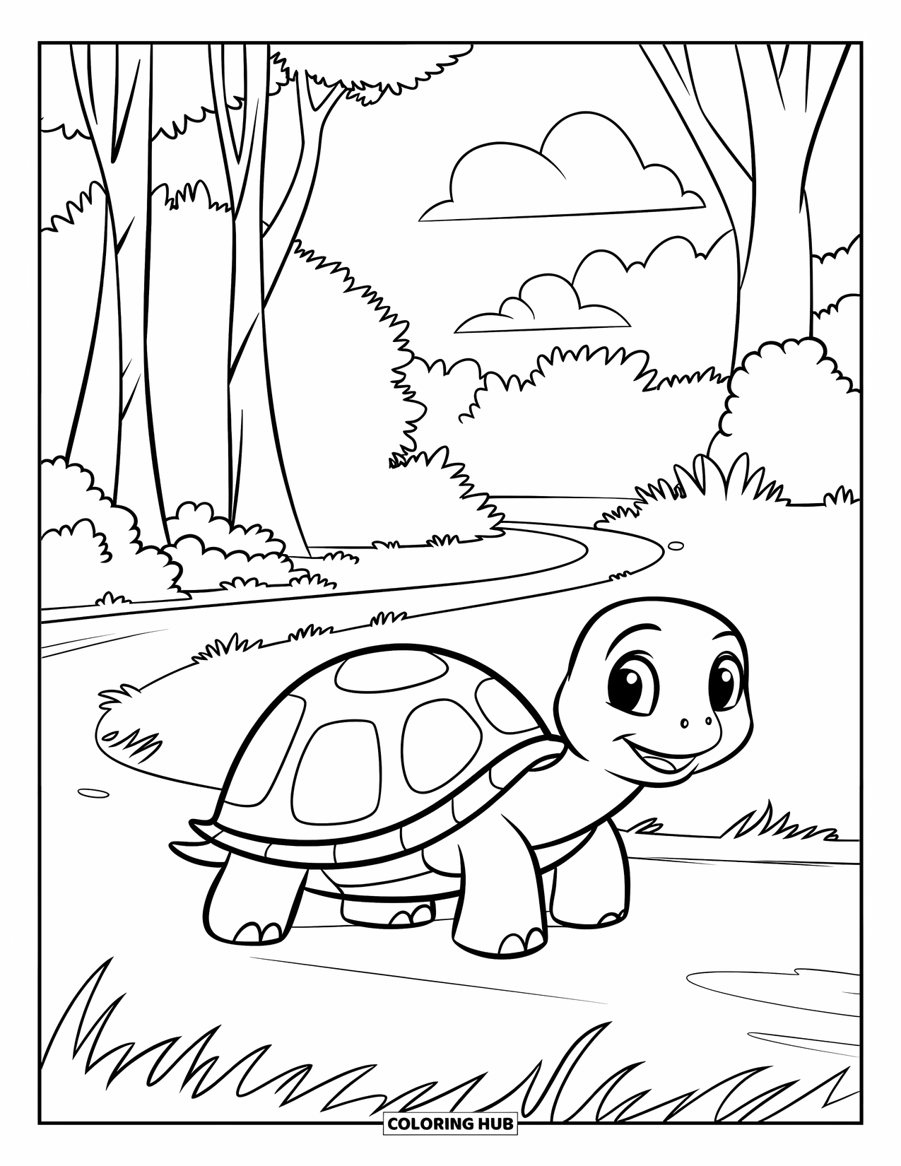 Calming Coloring Page for Kids: Happy turtle walks slowly through trees and greenery under a calm sky