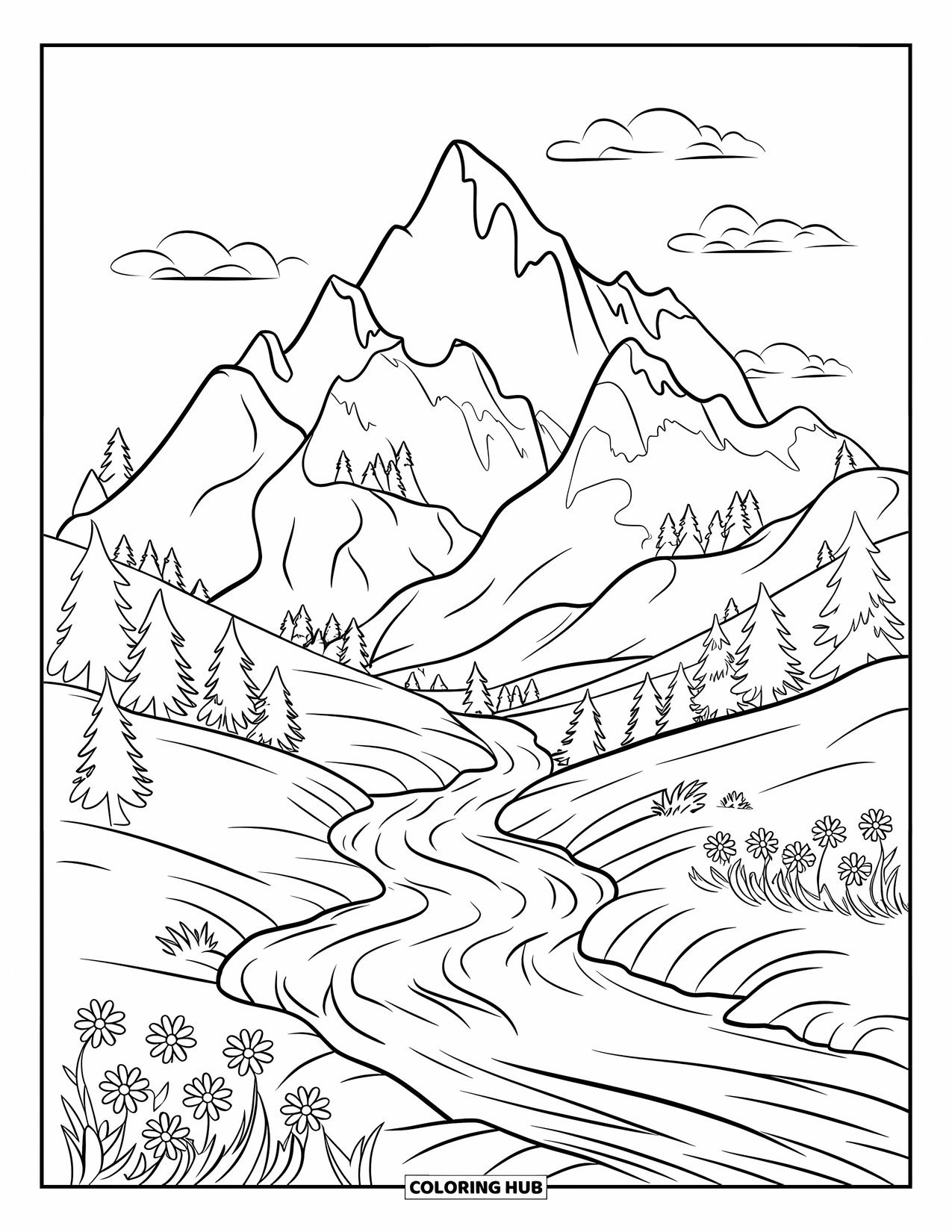 Calming Coloring Page for Kids: Mountains, huts, trees, and flowers surround a gently flowing river
