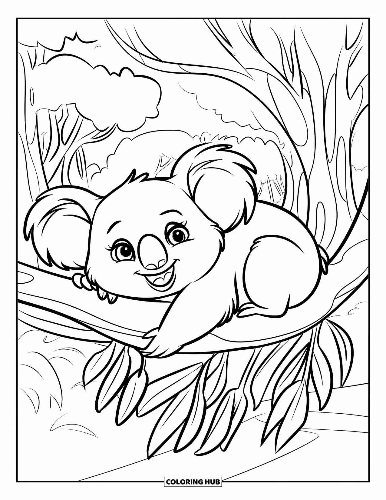 Calming Coloring Page for Kids: Resting koala with open mouth lounges on a leafy eucalyptus branch