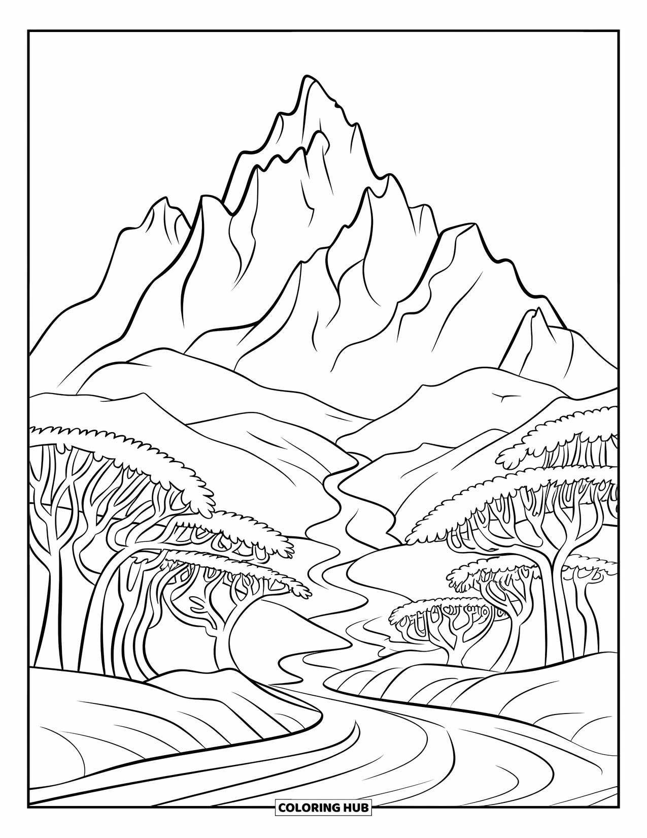 Calming Coloring Page for Kids: River flows through mountain peaks with trees lining the valley