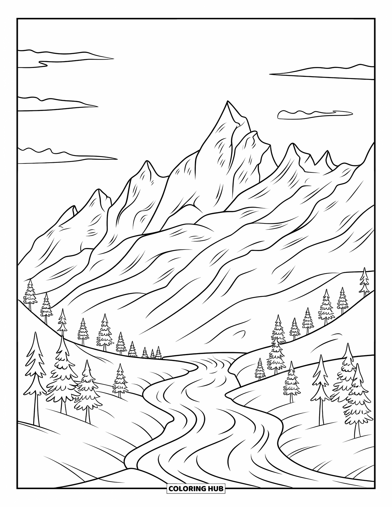 Calming Coloring Page for Kids: River winds through trees and snowy mountain peaks under a peaceful sky