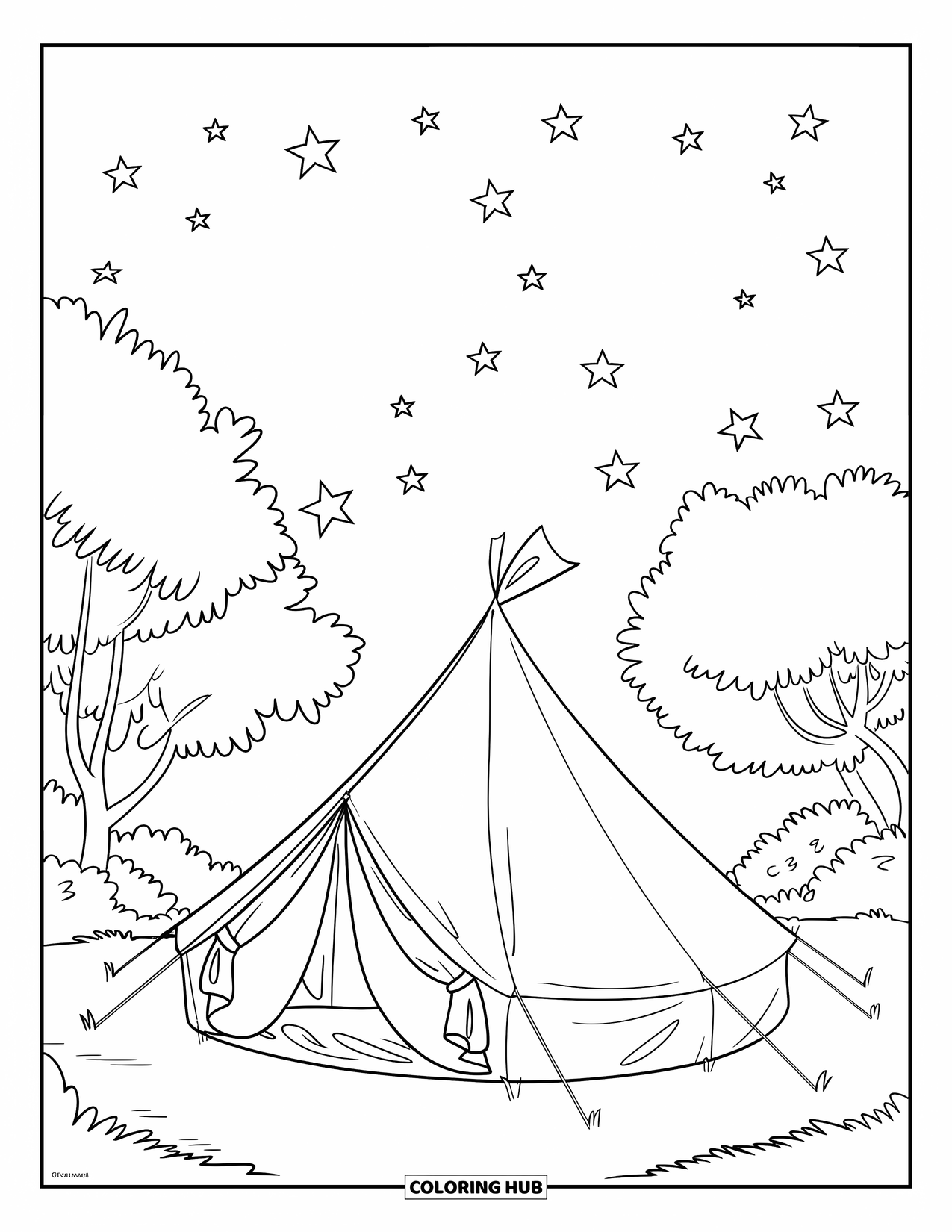 Calming Coloring Page for Kids: Round tent sits beneath trees under a sky full of stars