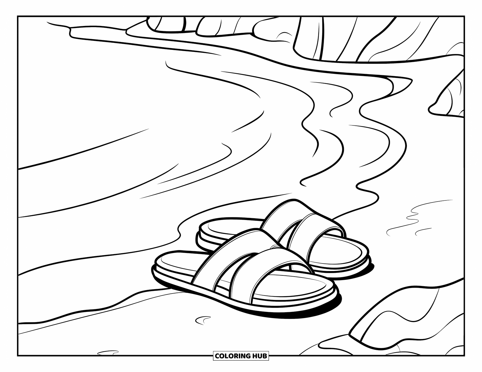 Calming Coloring Page for Kids: Shoreline sandals beside calm waves and a few nearby rocks