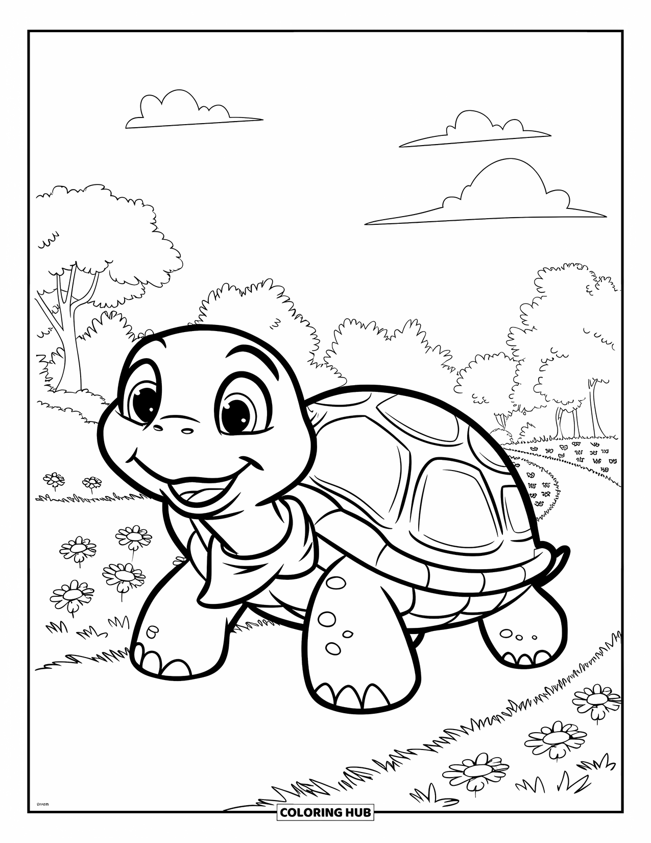 Calming Coloring Page for Kids: Smiling turtle with a bandana walks down a path of flowers and trees