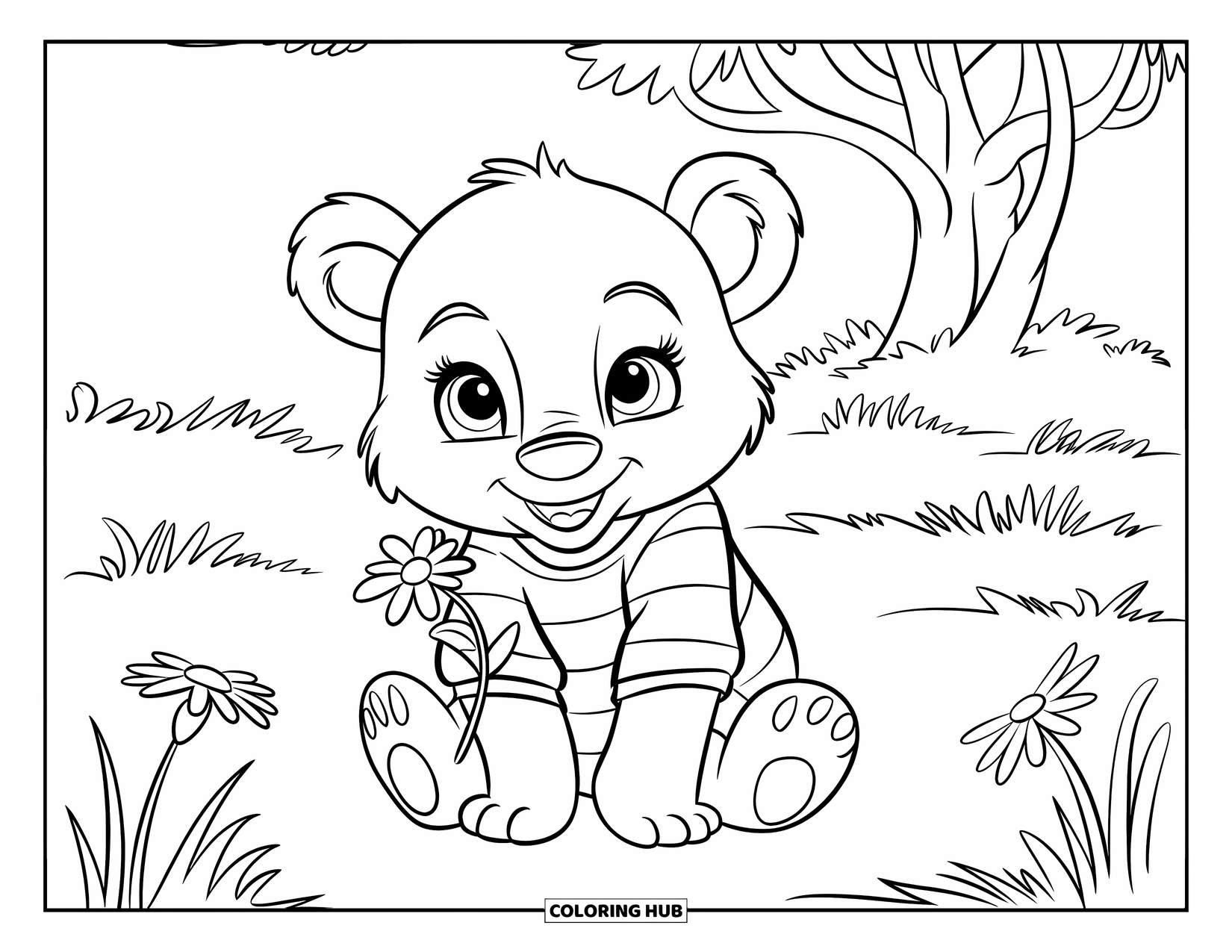 Calming Coloring Page for Kids: Striped-shirt bear cub sits in a meadow holding a flower gently